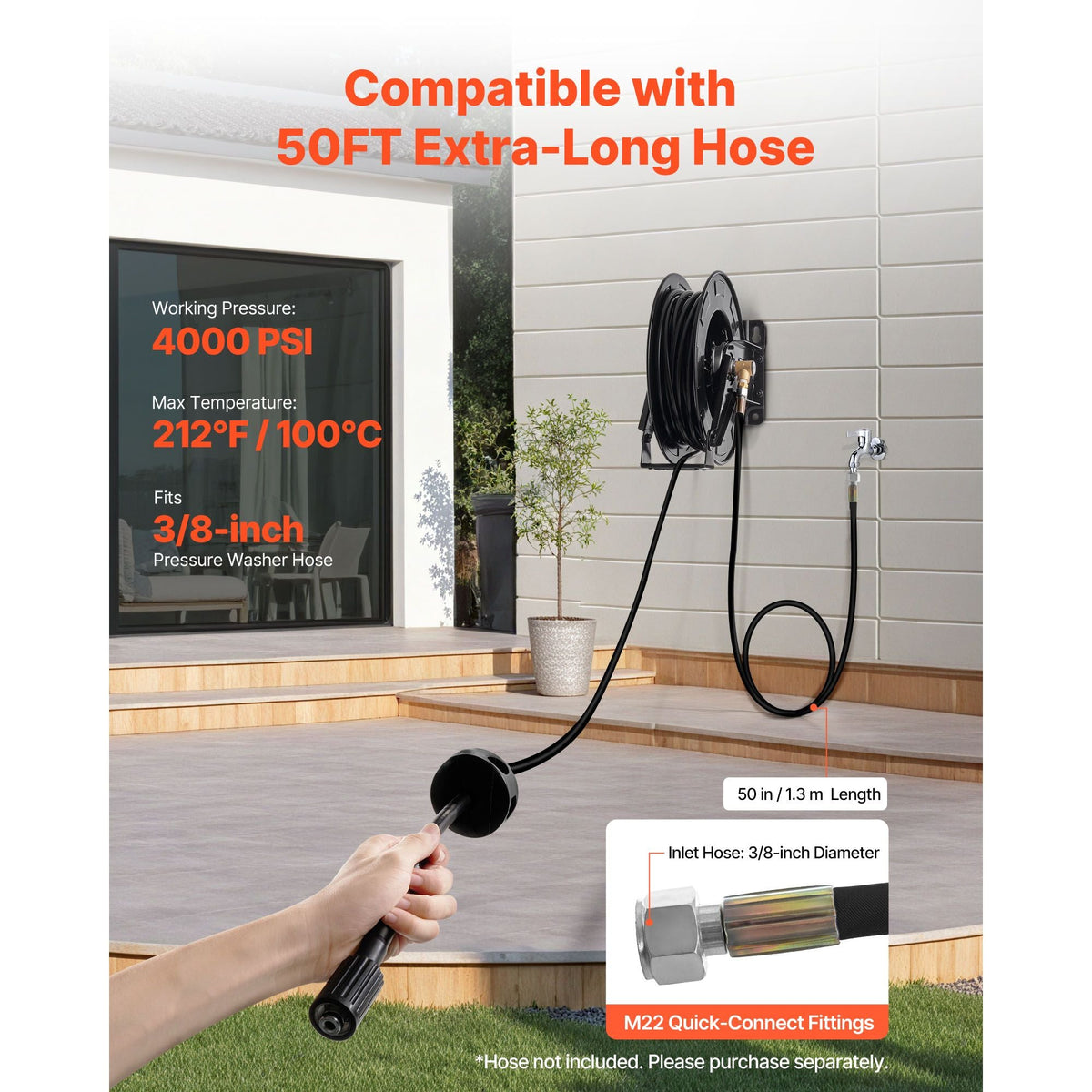 Pressure Washer Hose Reel, 50 ft x 3/8 inch Retractable Power Heavy-Duty Steel Washer Hose Reel, 4000PSI Max, Auto-Rewinding, Flexible Wall/Floor Mounted for Car Washing,Garden,Floor Cleaning