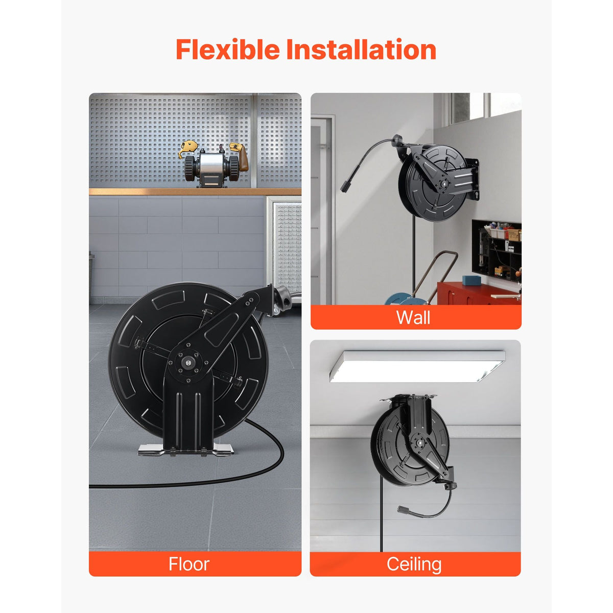 Pressure Washer Hose Reel, 50 ft x 3/8 inch Retractable Power Heavy-Duty Steel Washer Hose Reel, 4000PSI Max, Auto-Rewinding, Flexible Wall/Floor Mounted for Car Washing,Garden,Floor Cleaning