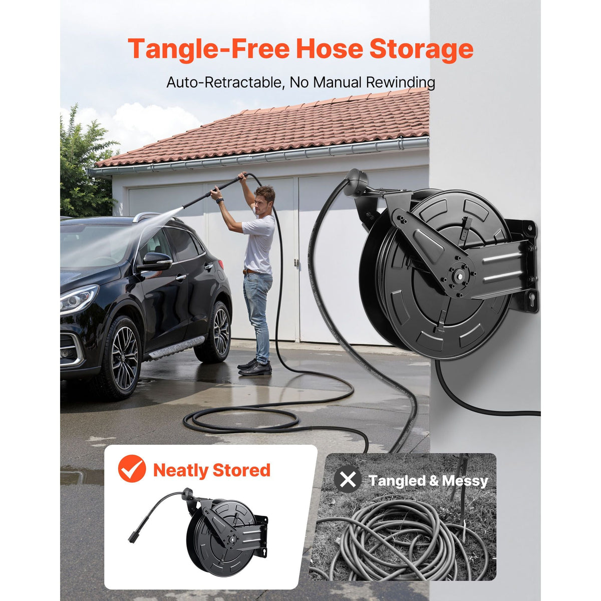 Pressure Washer Hose Reel, 50 ft x 3/8 inch Retractable Power Heavy-Duty Steel Washer Hose Reel, 4000PSI Max, Auto-Rewinding, Flexible Wall/Floor Mounted for Car Washing,Garden,Floor Cleaning