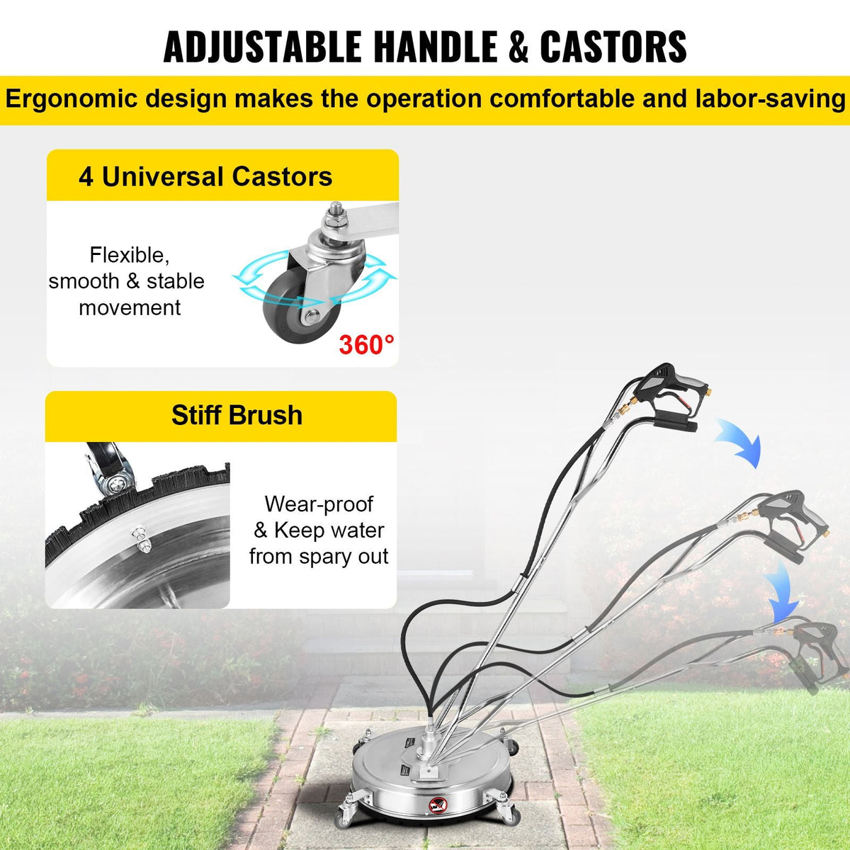 Pressure Washer Surface Cleaner, 20\'\', Max. 4000 PSI Pressure by 2 Nozzles for Cleaning Driveways, Sidewalks, Stainless Steel Frame with Rotating Dual Handle, Wheels, Fit for 3/8\'\' Quick Con