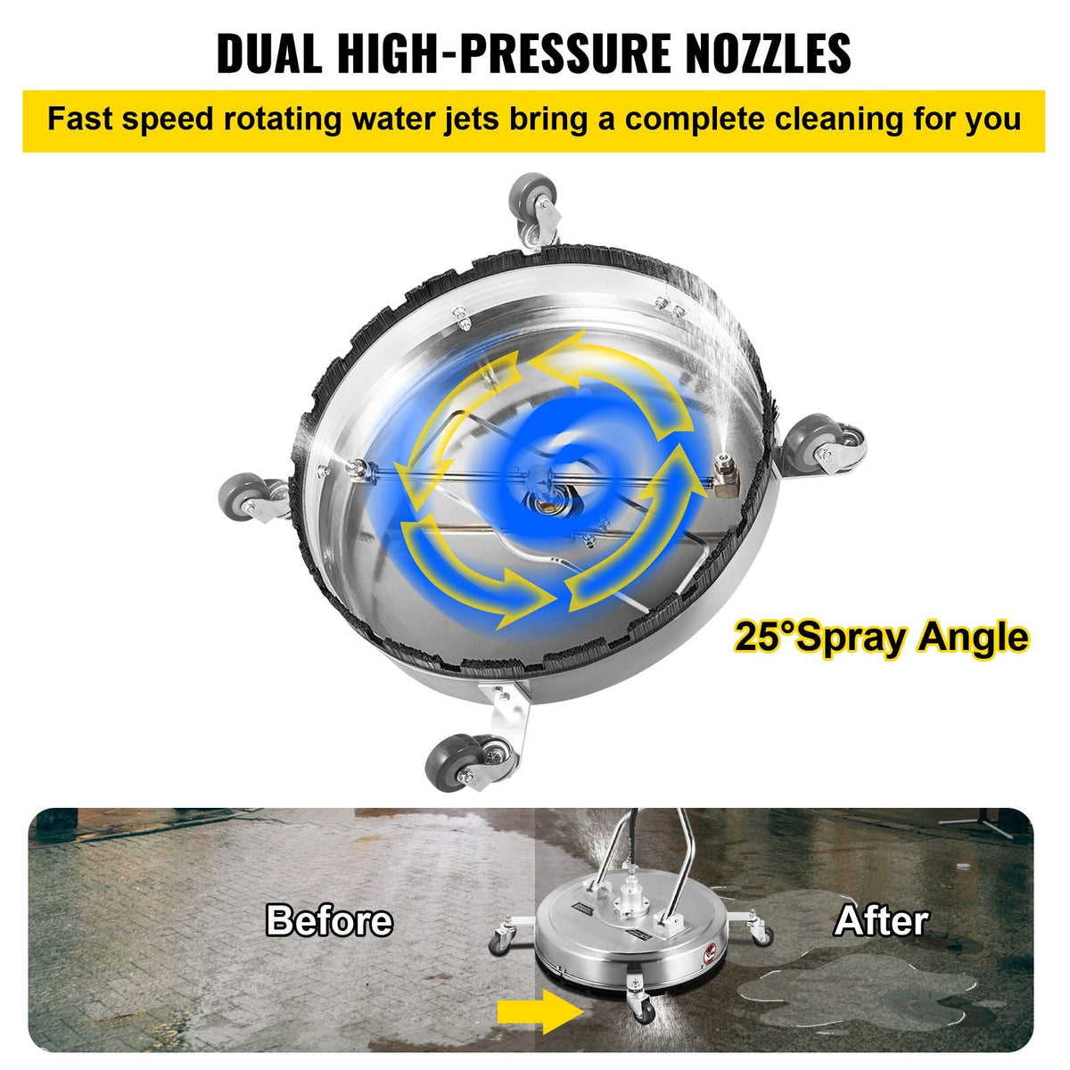 Pressure Washer Surface Cleaner, 20\'\', Max. 4000 PSI Pressure by 2 Nozzles for Cleaning Driveways, Sidewalks, Stainless Steel Frame with Rotating Dual Handle, Wheels, Fit for 3/8\'\' Quick Con