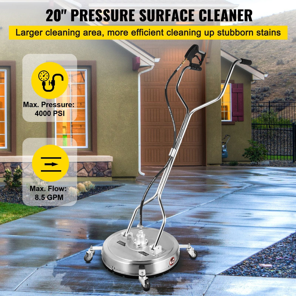 Pressure Washer Surface Cleaner, 20\'\', Max. 4000 PSI Pressure by 2 Nozzles for Cleaning Driveways, Sidewalks, Stainless Steel Frame with Rotating Dual Handle, Wheels, Fit for 3/8\'\' Quick Con