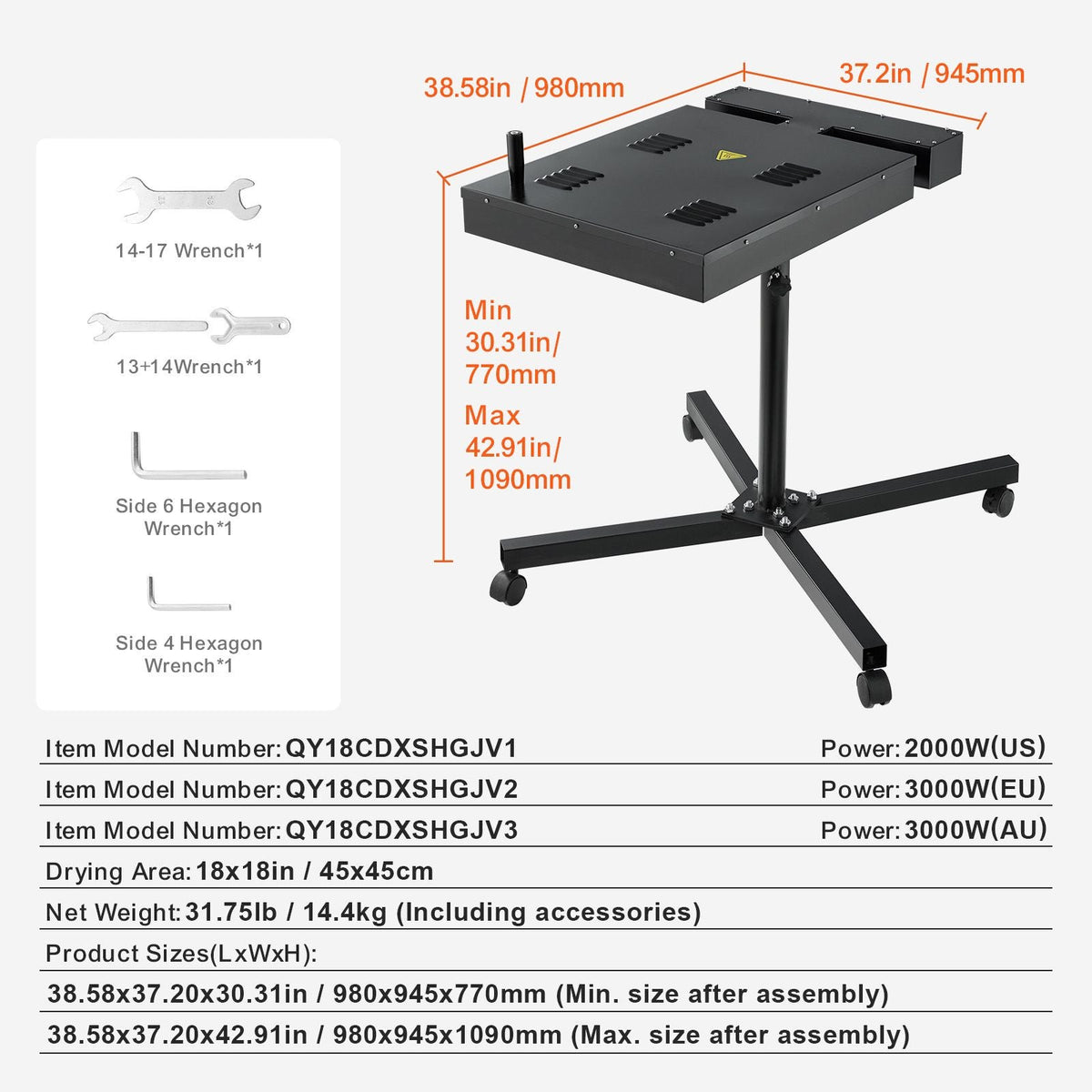 Pro Flash Dryer 18x18 inch, Upgrade 2000W Electrical Control Box Flash Dryer for Screen Printing Machine with Height Adjustable Stand, 360° Rotation, X-Shaped Base, Steel T-Shirt Curing Machine