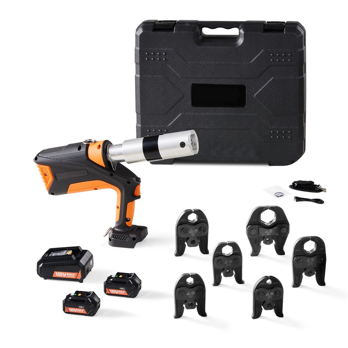 Professional 18V Cordless Pipe Crimper, suitable for 1/2"-2" Stainless Steel, Copper, PEX Tubing, features 360° Swivel, Brushless Motor & includes 6 Crimping Jaws