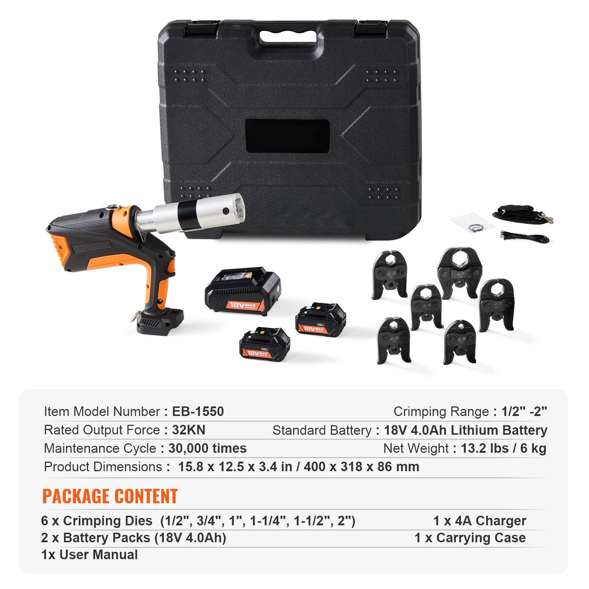 Professional 18V Cordless Pipe Crimper, suitable for 1/2"-2" Stainless Steel, Copper, PEX Tubing, features 360° Swivel, Brushless Motor & includes 6 Crimping Jaws