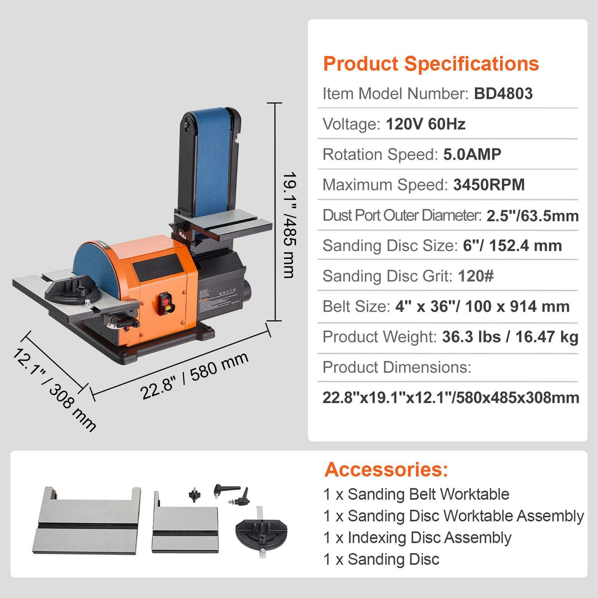 Professional Belt Sander, 6" Disc Sander and 4 x 36 in. Belt Sander with 5A Induction Motor Cast Aluminum Worktable for Woodworking, Metalworking