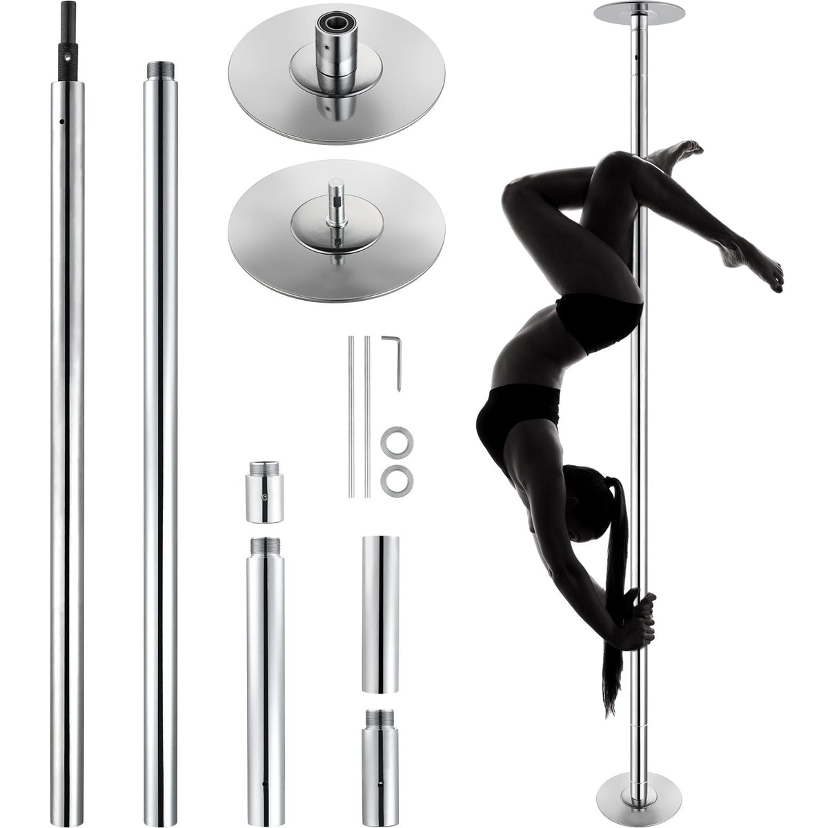 Professional Dancing Pole, Spinning Static Dancing Pole Kit, Portable Removable Pole, 45mm Heavy-Duty Stainless Steel Pole, Height Adjustable Fitness Pole, for Exercise Home Club Gym, Silver