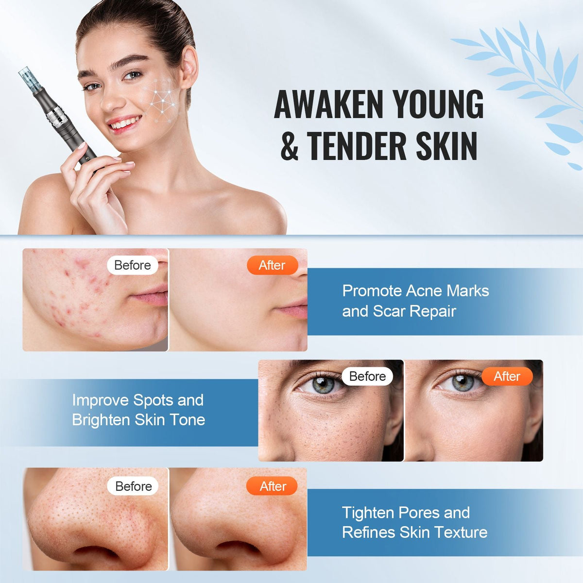 Professional Microneedling Pen, Electric Derma Pen with 22PCS Disposable Cartridges, 6 Variable Speed Skin Care Beauty Device with LCD Display and 0-2.5mm Adjustable Needle Length