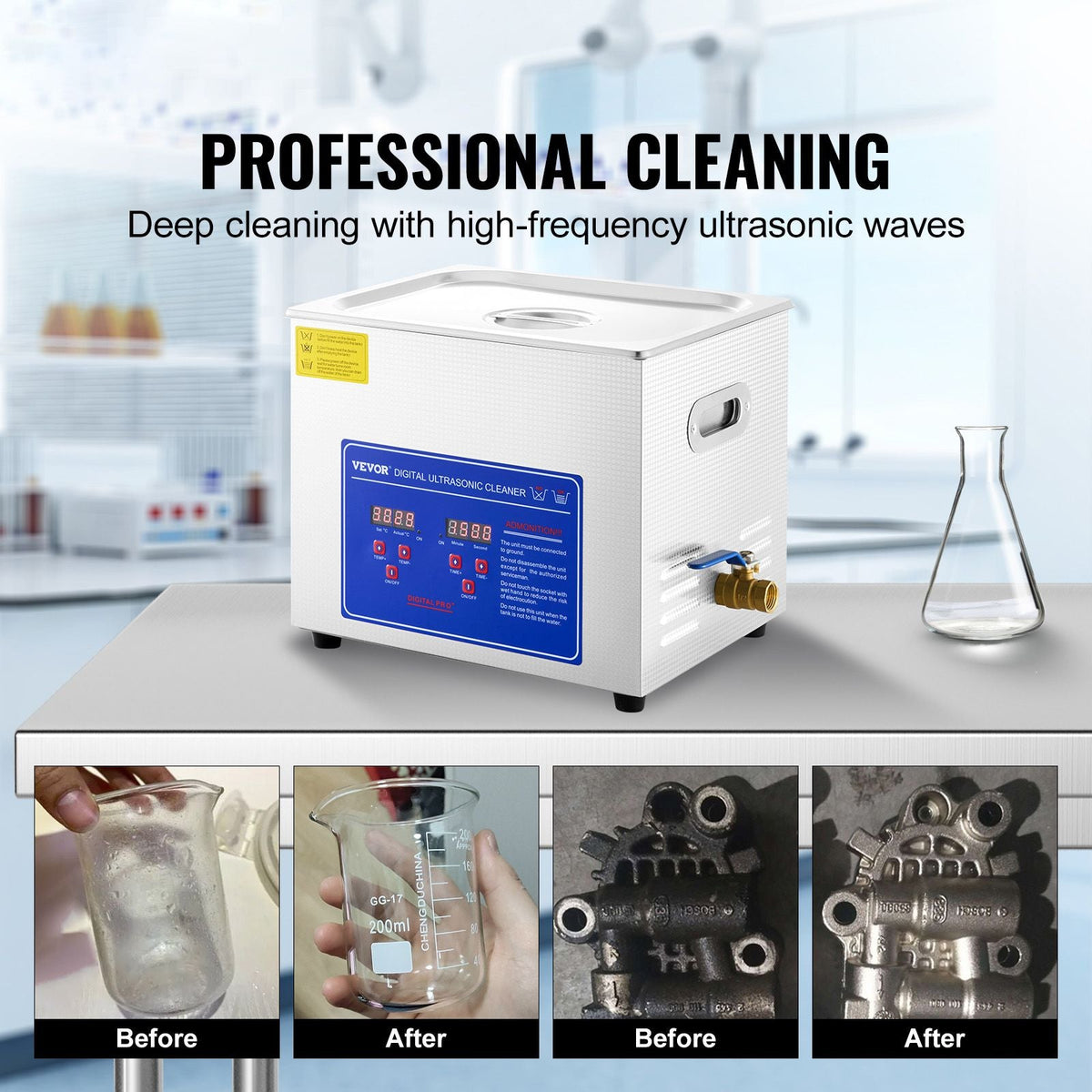 Professional Ultrasonic Cleaner, 10L Ultrasonic Jewelry Cleaner with Digital Timer & Heater, Stainless Steel Industrial Sonic Cleaner 40kHz for Glasses, Watches, Rings, Small Parts