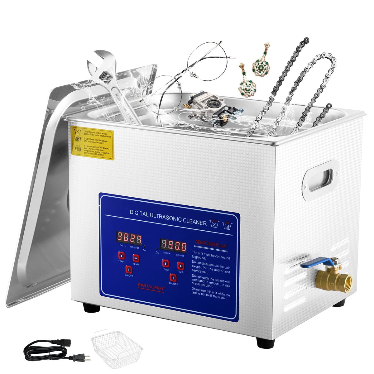 Professional Ultrasonic Cleaner, 10L Ultrasonic Jewelry Cleaner with Digital Timer & Heater, Stainless Steel Industrial Sonic Cleaner 40kHz for Glasses, Watches, Rings, Small Parts