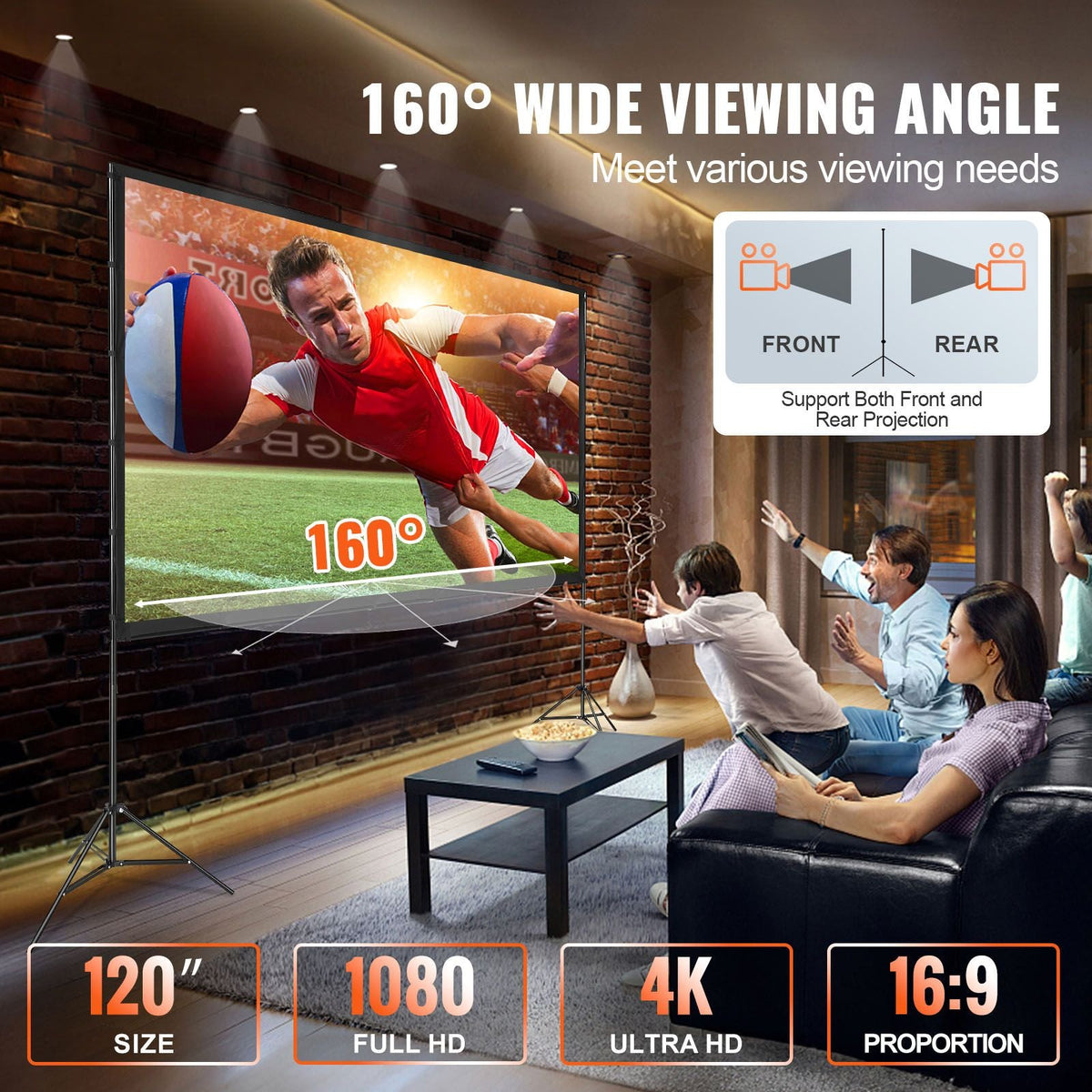 Projector Screen with Stand, 120 inch 16:9 4K 1080 HD Outdoor Movie Screen with Stand, Wrinkle-Free Projection Screen with Tripods and Carry Bag, for Home Theater Cinema Backyard Movie Night