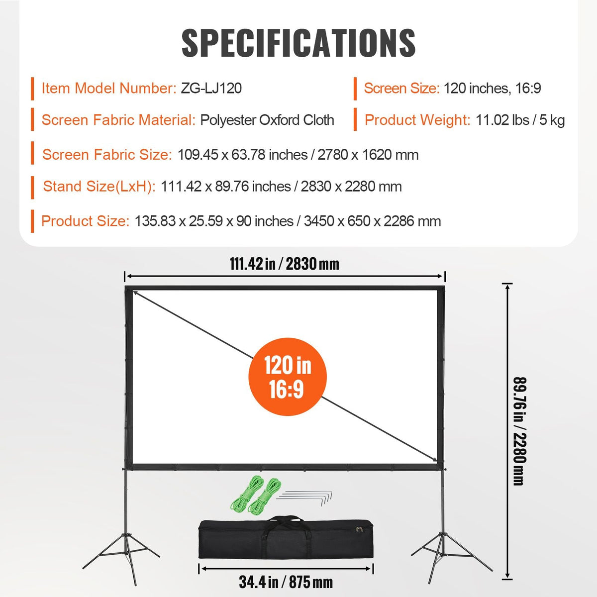 Projector Screen with Stand, 120 inch 16:9 4K 1080 HD Outdoor Movie Screen with Stand, Wrinkle-Free Projection Screen with Tripods and Carry Bag, for Home Theater Cinema Backyard Movie Night