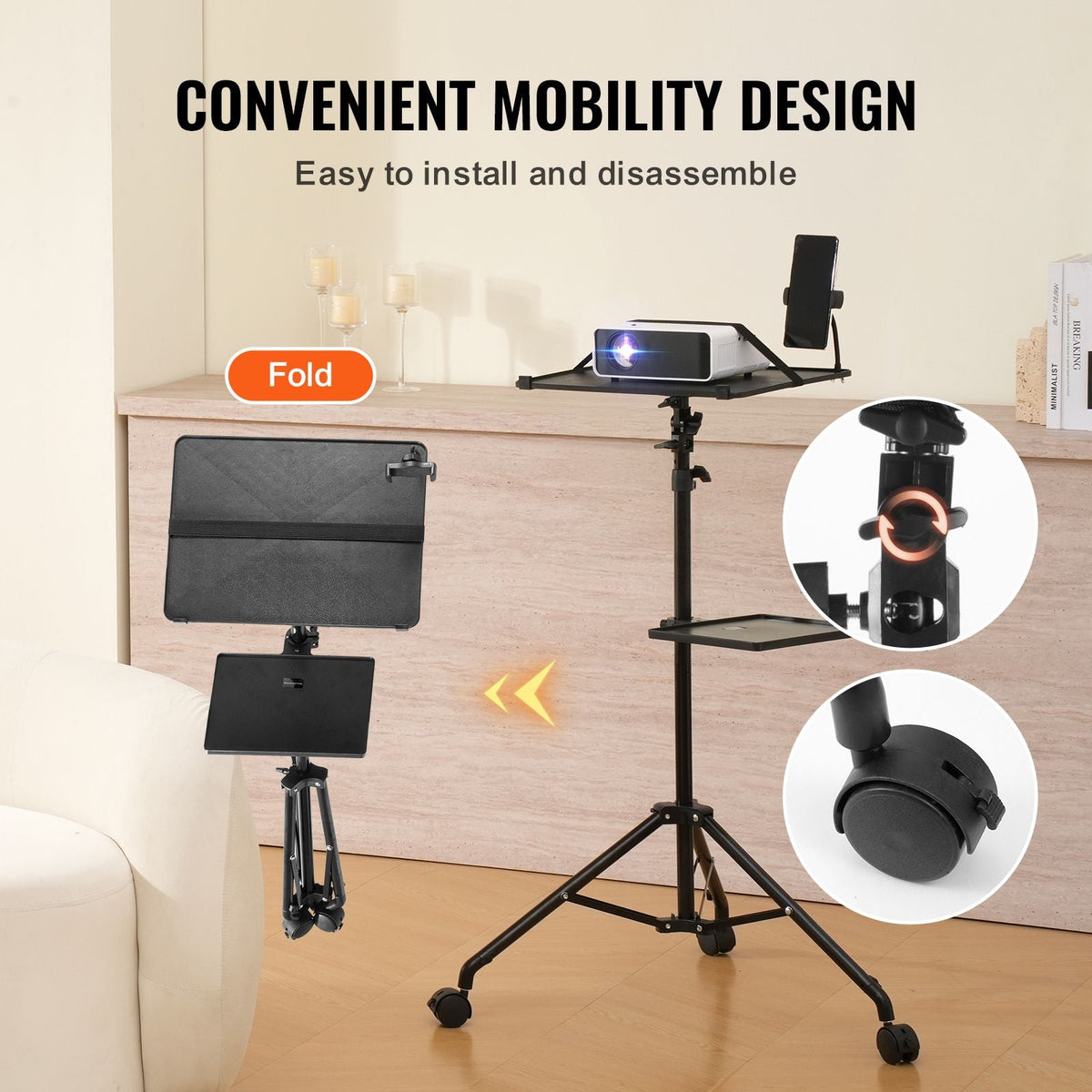 Projector Stand with Wheels, Laptop Stand Tripod Adjustable Height from 31.3 to 67.3", Projector Tripod Stand with 2 Trays & Gooseneck Phone Holder, for Outdoor Movies, Home, Office or Studio