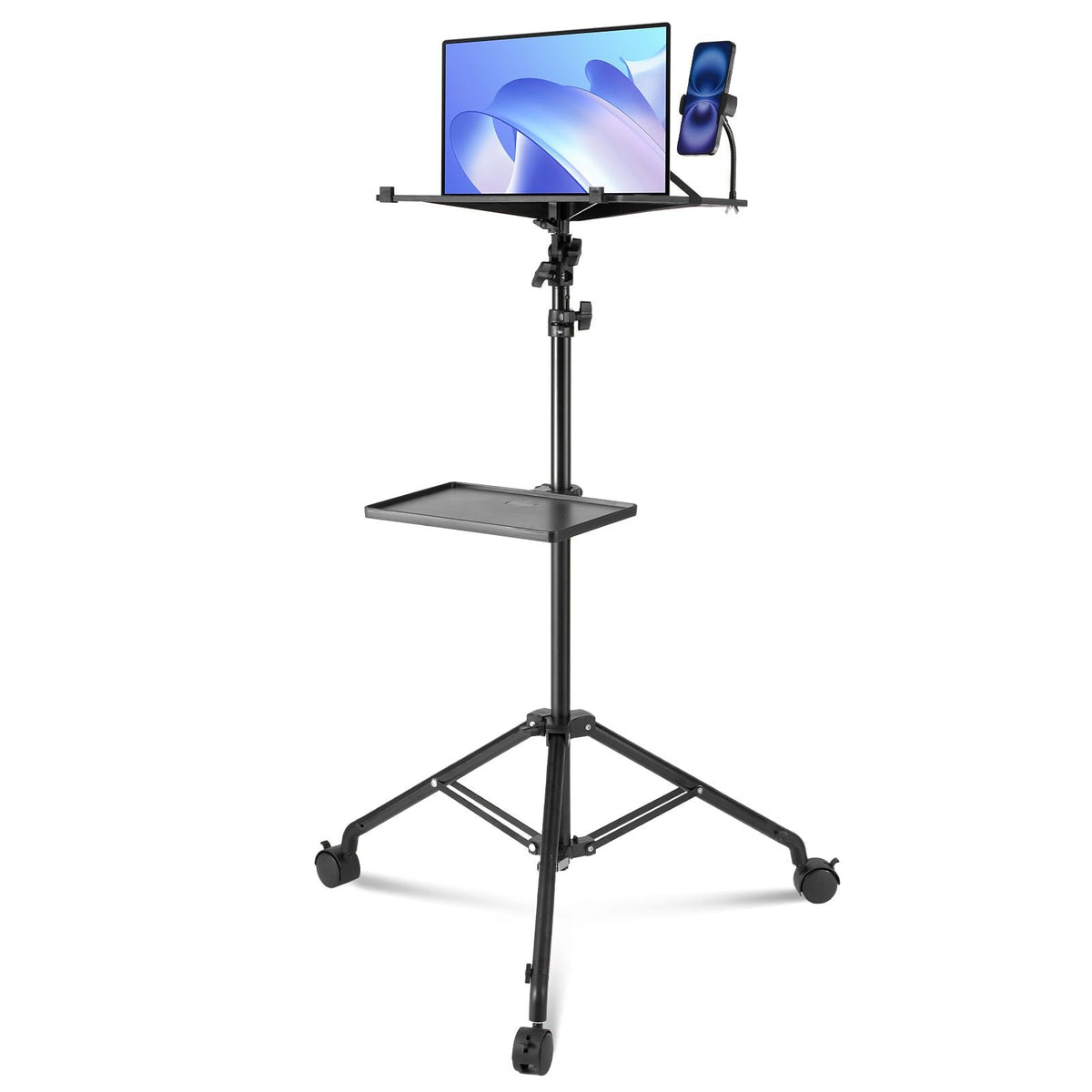 Projector Stand with Wheels, Laptop Stand Tripod Adjustable Height from 31.3 to 67.3", Projector Tripod Stand with 2 Trays & Gooseneck Phone Holder, for Outdoor Movies, Home, Office or Studio