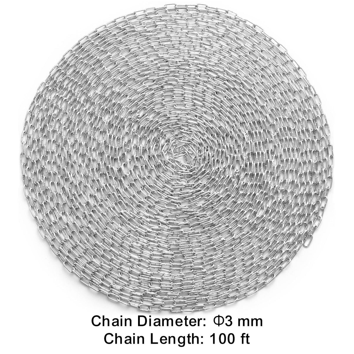 Proof Coil Chain, 1/8" x 100', 330 lbs Safe Working Load, Zinc Plated Proof Tested Coil Chain with Two Quick Links, Galvanized Carbon Steel Link Chain for Towing, Hanging, Camping, Pet Towing