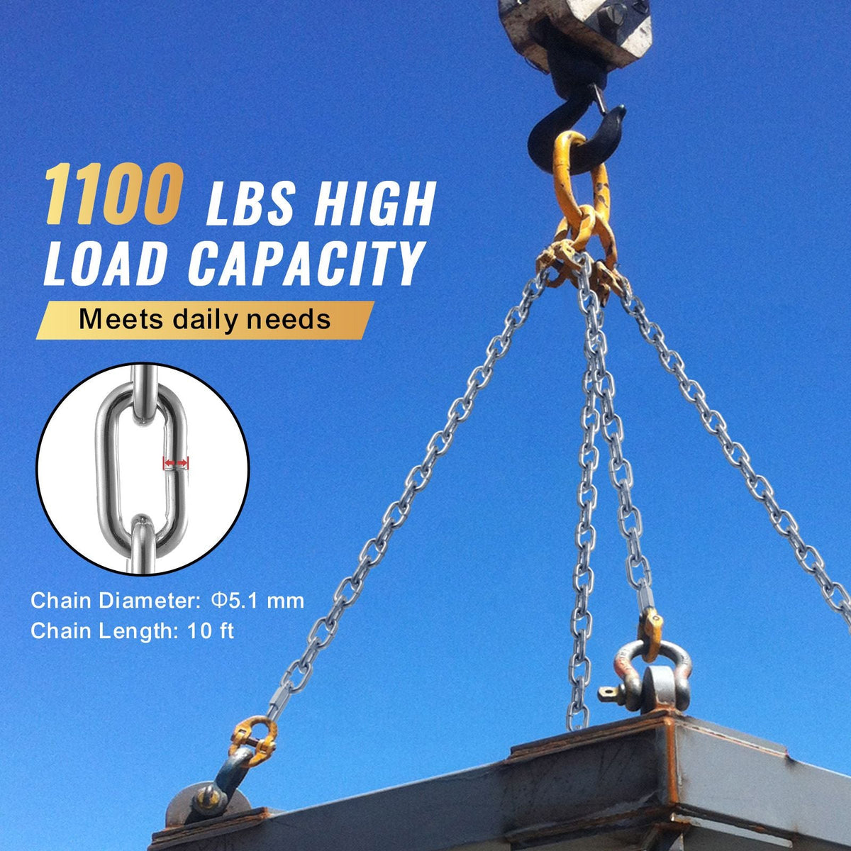 Proof Coil Chain, 3/16" x 10', 1100 lbs Safe Working Load, Zinc Plated Proof Tested Coil Chain with Two Quick Links, Galvanized Carbon Steel Link Chain for Towing, Hanging, Camping, Pet Towing