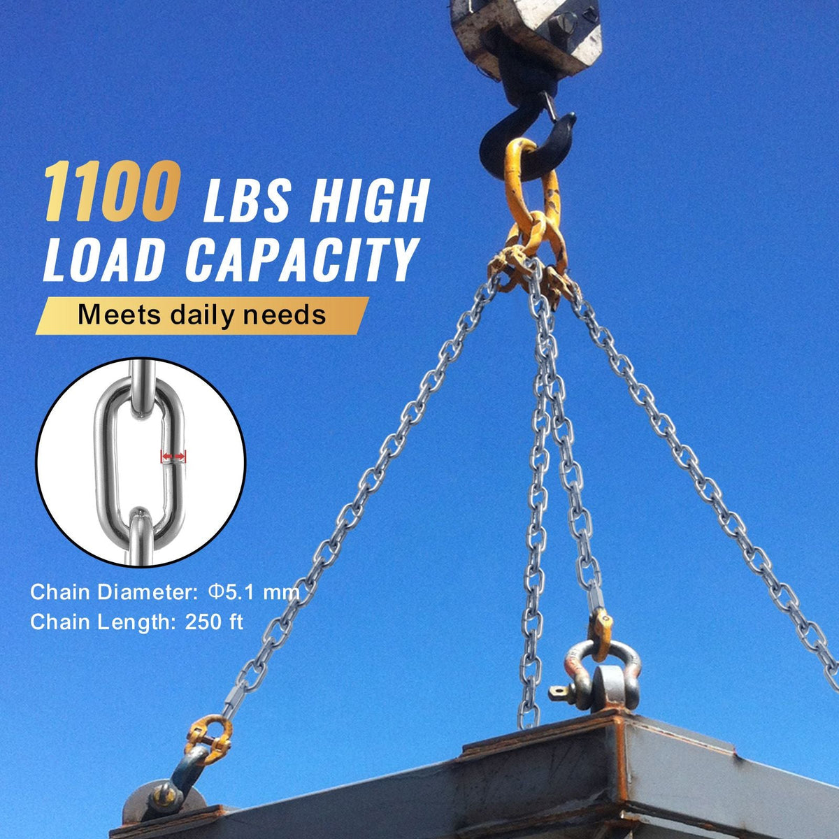 Proof Coil Chain, 3/16" x 250', 1100 lbs Safe Working Load, Zinc Plated Proof Tested Coil Chain with Two Quick Links, Galvanized Carbon Steel Link Chain for Towing, Hanging, Camping, Pet Towing