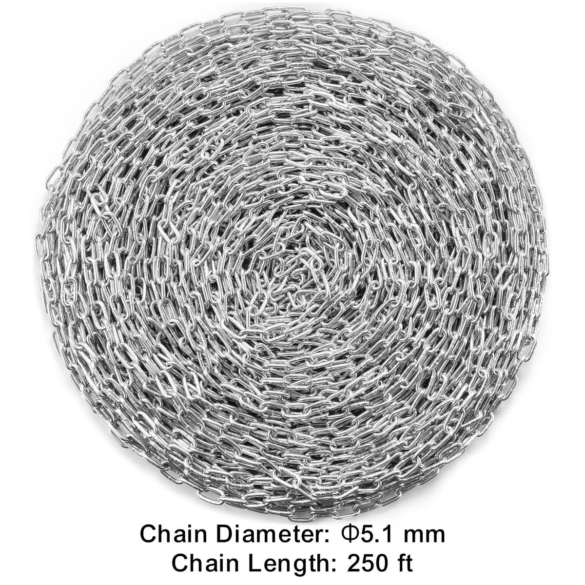 Proof Coil Chain, 3/16" x 250', 1100 lbs Safe Working Load, Zinc Plated Proof Tested Coil Chain with Two Quick Links, Galvanized Carbon Steel Link Chain for Towing, Hanging, Camping, Pet Towing