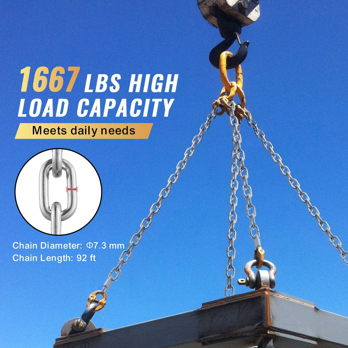 Proof Coil Chain, 5/16" x 92', 1667 lbs Safe Working Load, Zinc Plated Proof Tested Coil Chain with Two Quick Links, Galvanized Carbon Steel Link Chain for Towing, Hanging, Camping, Pet Towing