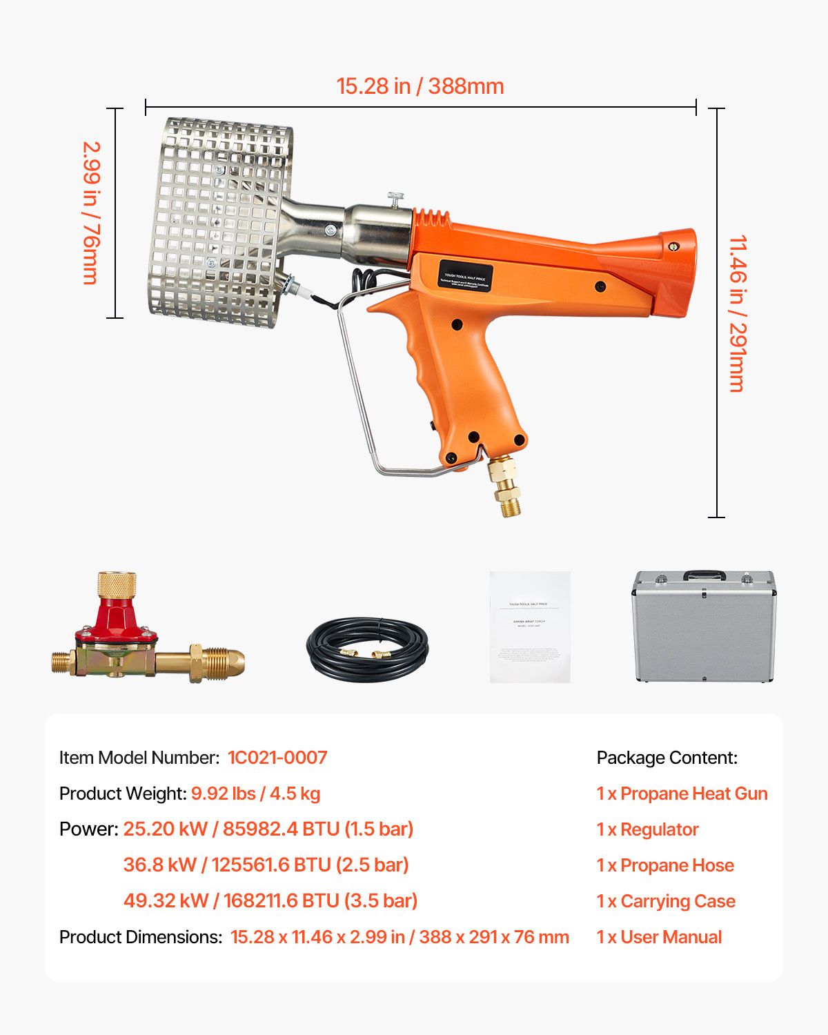 Propane Heat Gun, Up to 187660 BTU Hot Air Gun with Adjustable Regulator, 26 FT Hose, and Hard Carrying Case, Ideal for Boat Plastic Film Shrink Wrapping, Pallet Packaging, Crafting