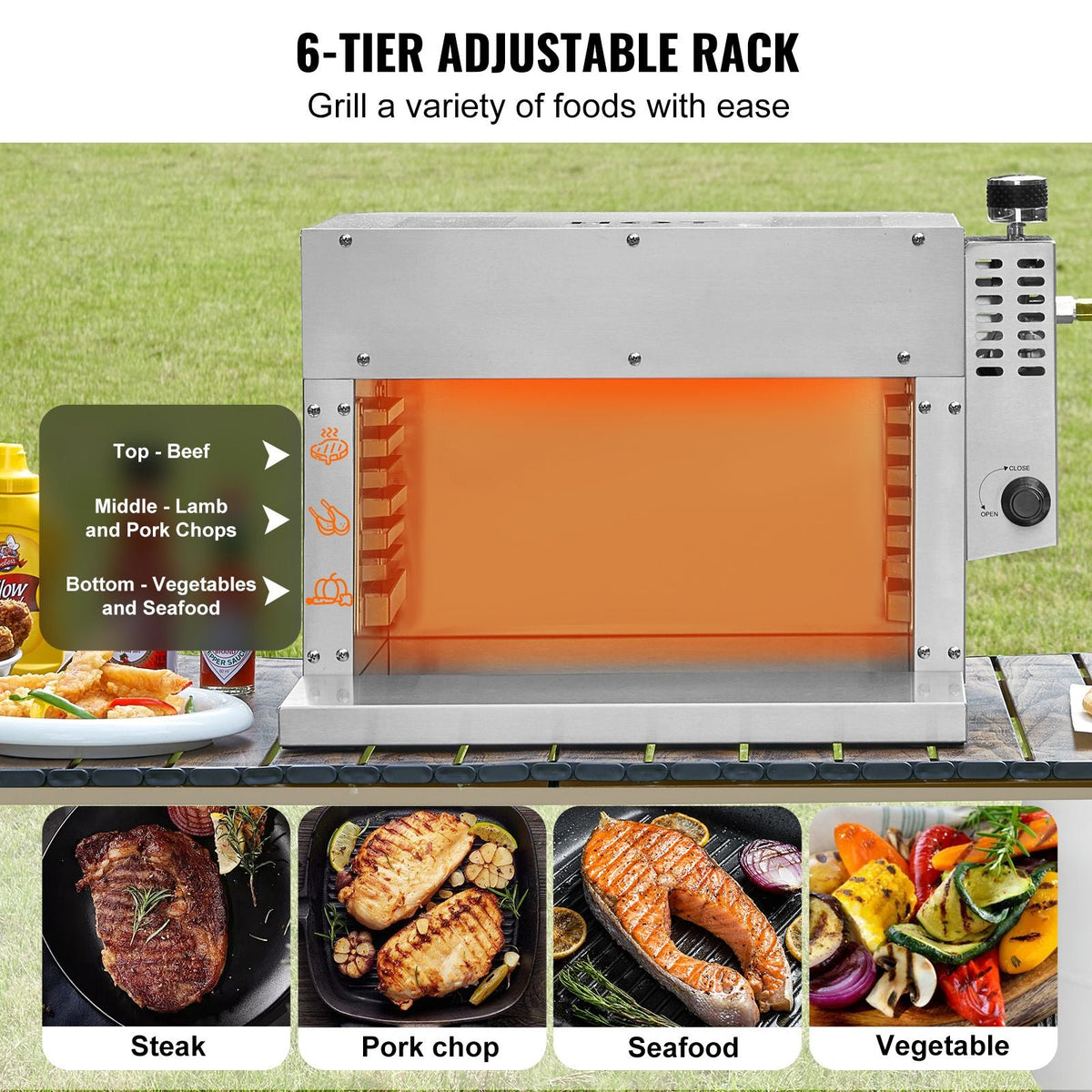Propane Steak Grill, Portable Infrared Broiler, 1500 Fahrenheit Stainless Steel Barbecue Infrared Grill with 6-Tier Adjustable Rack, Steak Cooker Machine for BBQ, Toast, Grill, Outdoor Picnic