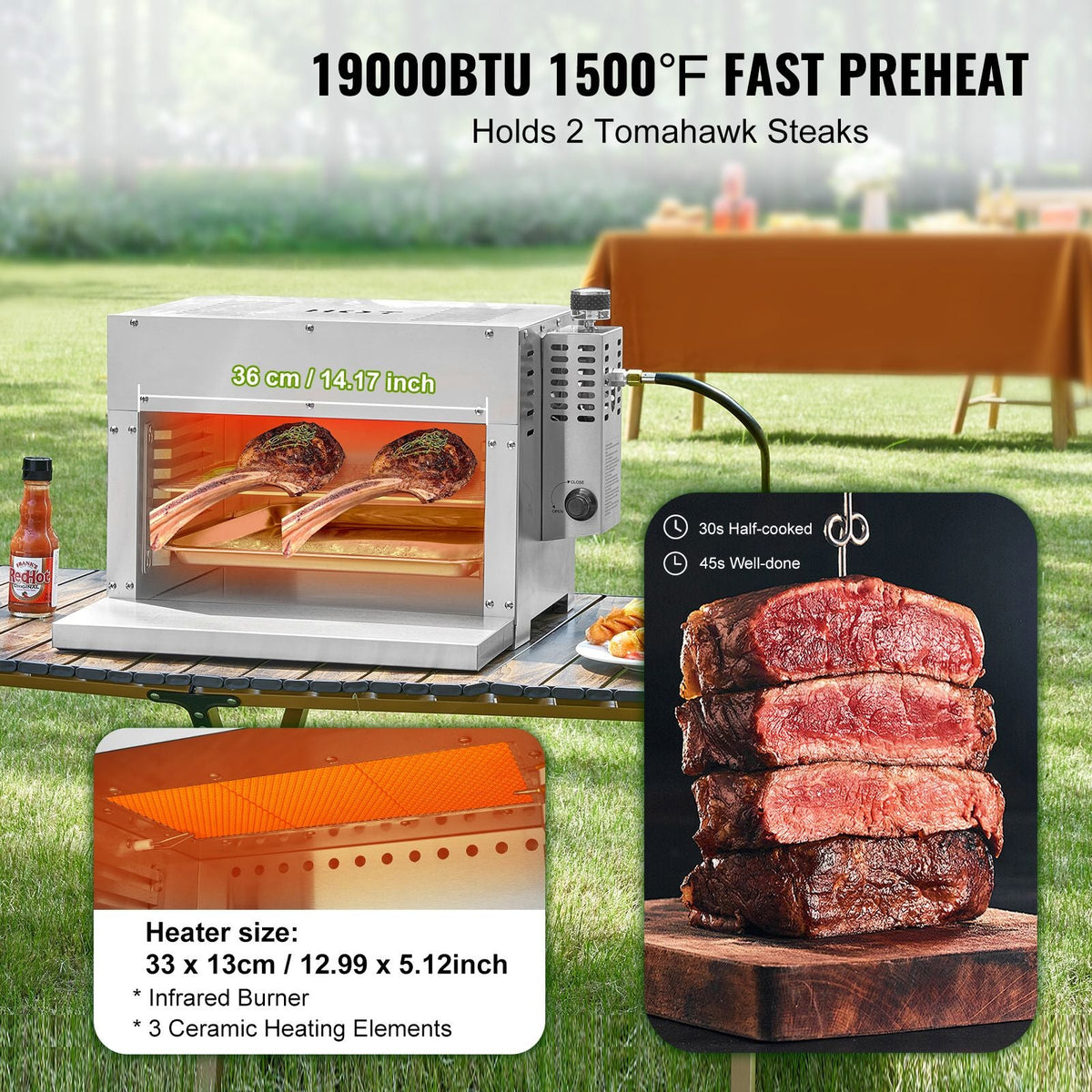 Propane Steak Grill, Portable Infrared Broiler, 1500 Fahrenheit Stainless Steel Barbecue Infrared Grill with 6-Tier Adjustable Rack, Steak Cooker Machine for BBQ, Toast, Grill, Outdoor Picnic