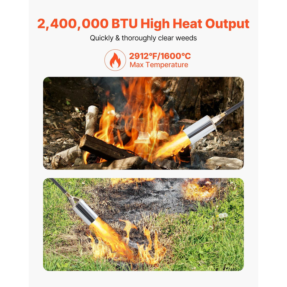 Propane Torch Weed Burner, High Output 2,400,000 BTU with 10 ft Hose, Heavy Duty Blow Torch with Adjustable Flame and Turbo Trigger Push Button Igniter, Flamethrower Kit for Garden Ice Snow Road