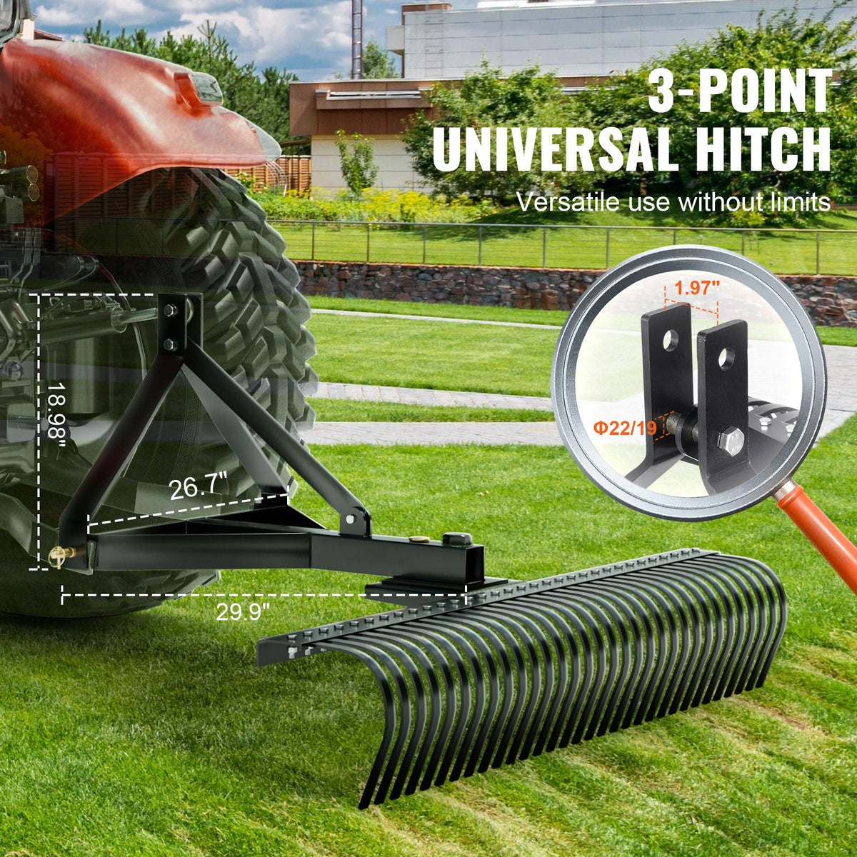 Pull-Behind Thatch Remover, 60" Width, Equipped with 32 Durable Steel Prongs, Tractor-Compatible 3-Point Hitch Garden Rake, Ideal for Soil Preparation and Grass Maintenance