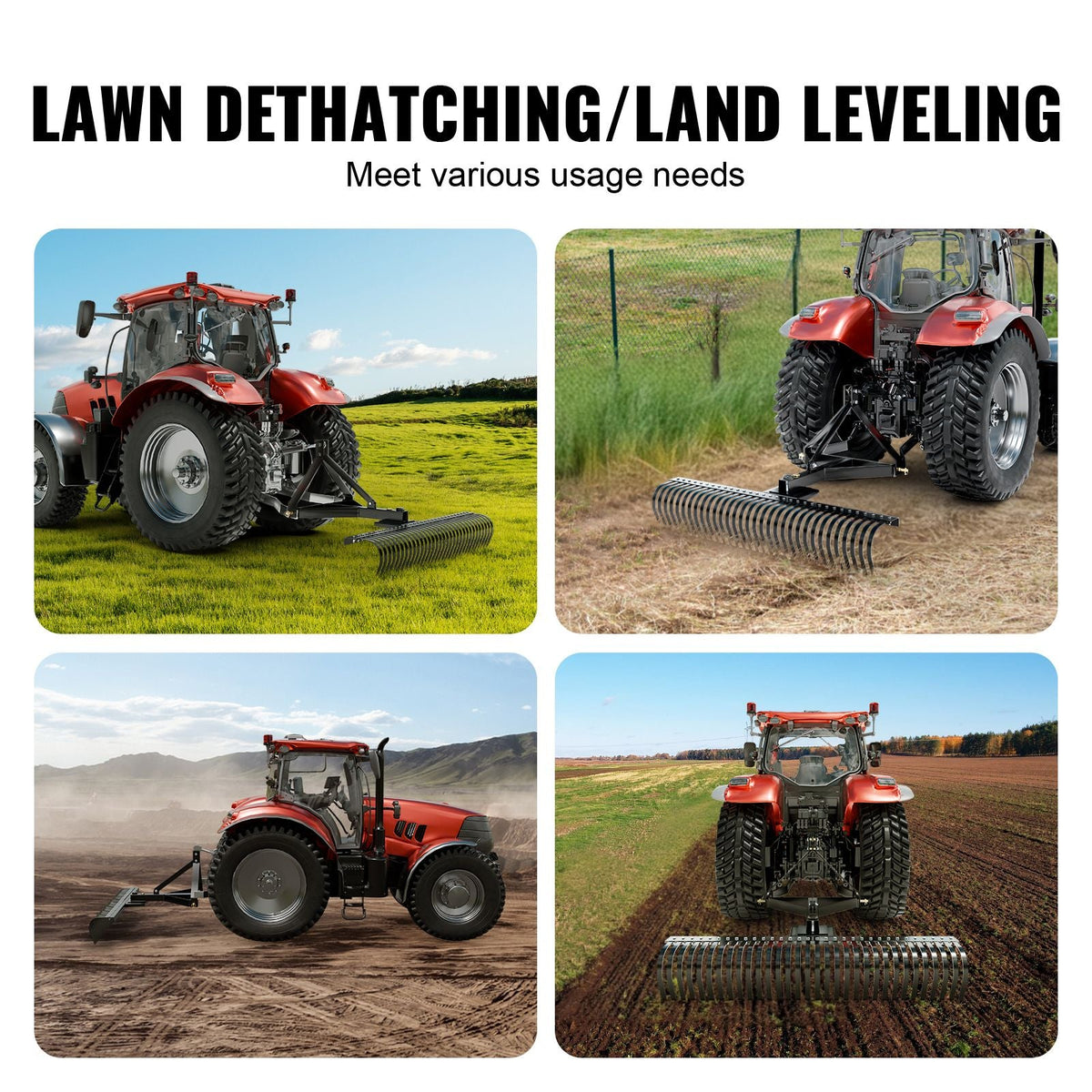 Pull-Behind Thatch Remover, 60" Width, Equipped with 32 Durable Steel Prongs, Tractor-Compatible 3-Point Hitch Garden Rake, Ideal for Soil Preparation and Grass Maintenance