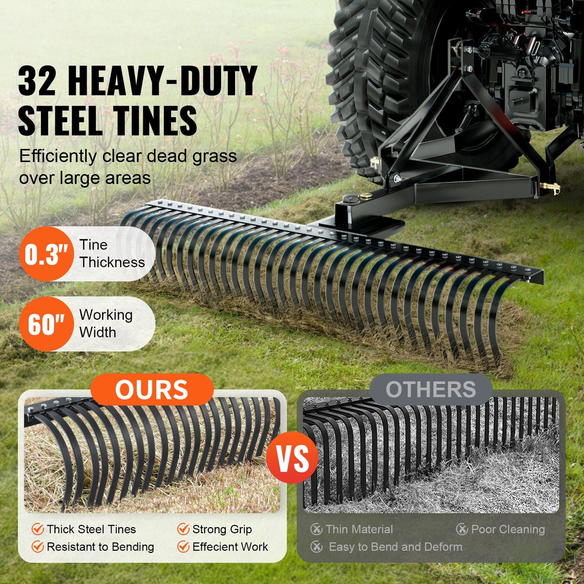 Pull-Behind Thatch Remover, 60" Width, Equipped with 32 Durable Steel Prongs, Tractor-Compatible 3-Point Hitch Garden Rake, Ideal for Soil Preparation and Grass Maintenance