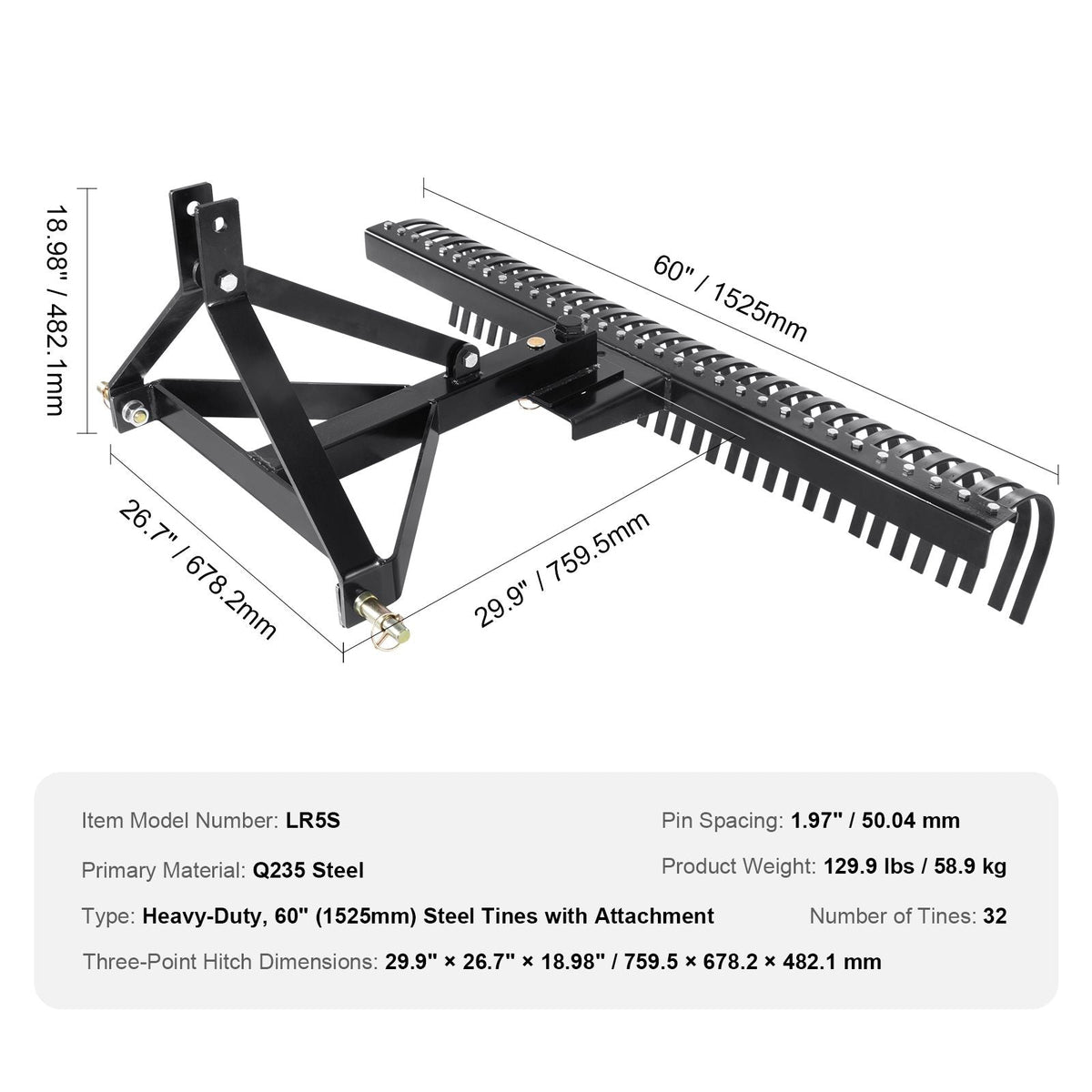 Pull-Behind Thatch Remover, 60" Width, Equipped with 32 Durable Steel Prongs, Tractor-Compatible 3-Point Hitch Garden Rake, Ideal for Soil Preparation and Grass Maintenance