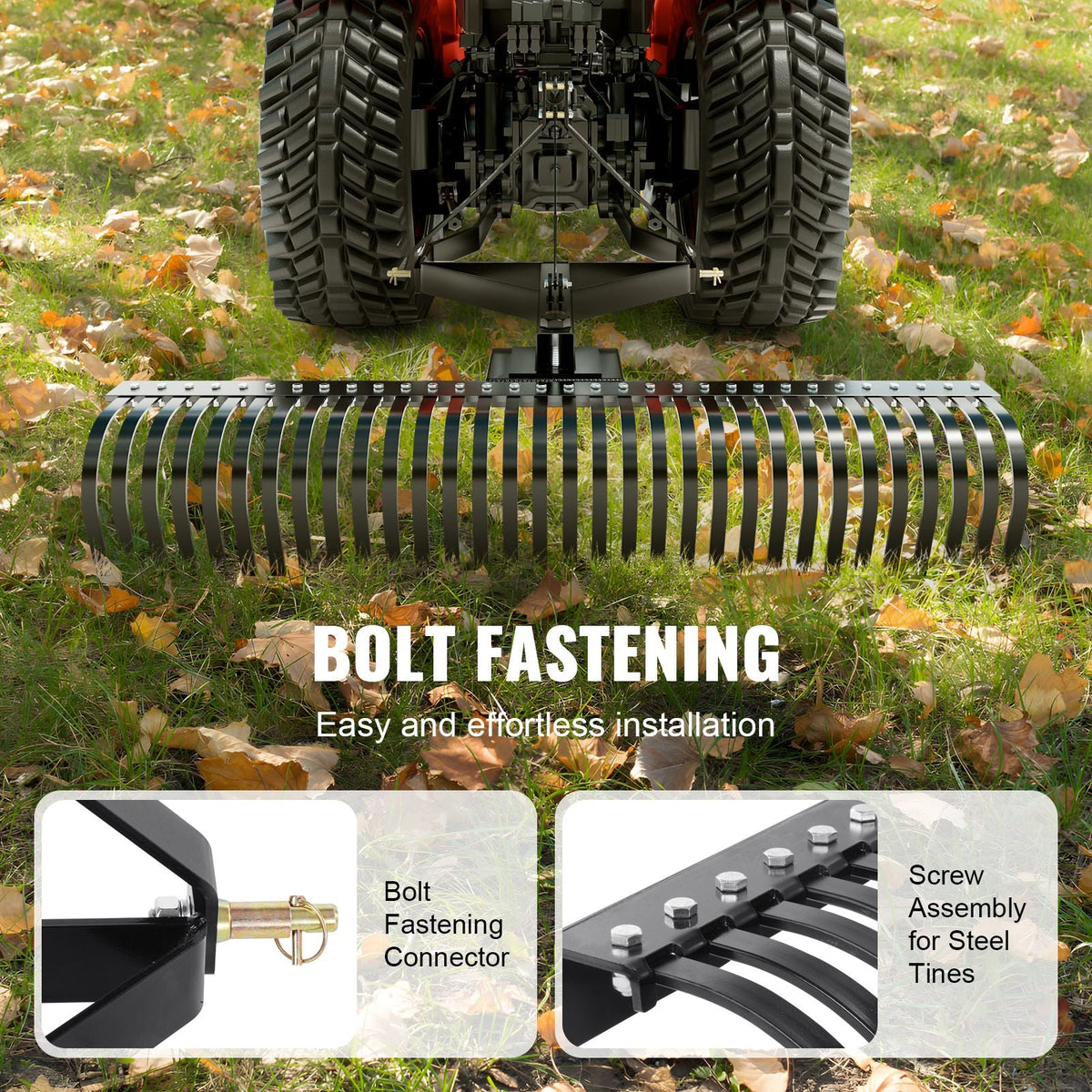 Pull-Behind Thatch Remover, 60" Width, Equipped with 32 Durable Steel Prongs, Tractor-Compatible 3-Point Hitch Garden Rake, Ideal for Soil Preparation and Grass Maintenance