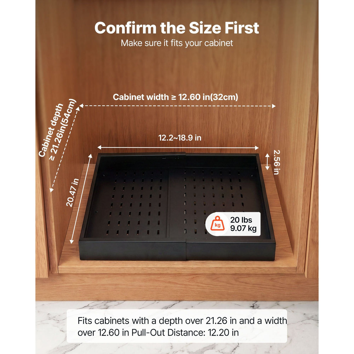 Pull Out Cabinet Organizer, 2 Pack Expandable Width (12.2"-18.9"), 20.47" Deep Pull Out Drawers for Cabinets, Sliding Drawer for Kitchen Pantry Cabinet Organizer with Nano Adhesive Strips, Black
