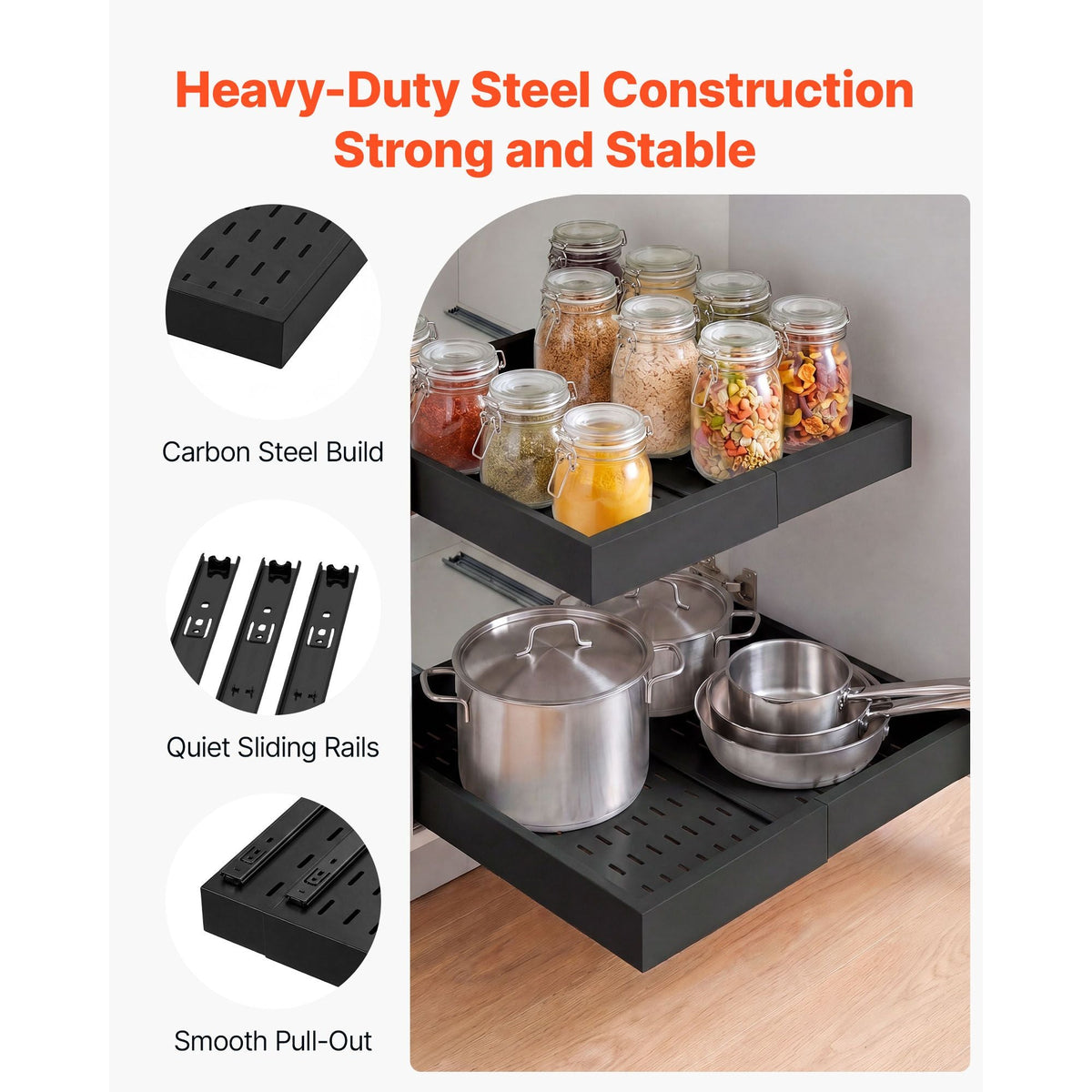 Pull Out Cabinet Organizer, 2 Pack Expandable Width (12.2"-18.9"), 20.47" Deep Pull Out Drawers for Cabinets, Sliding Drawer for Kitchen Pantry Cabinet Organizer with Nano Adhesive Strips, Black
