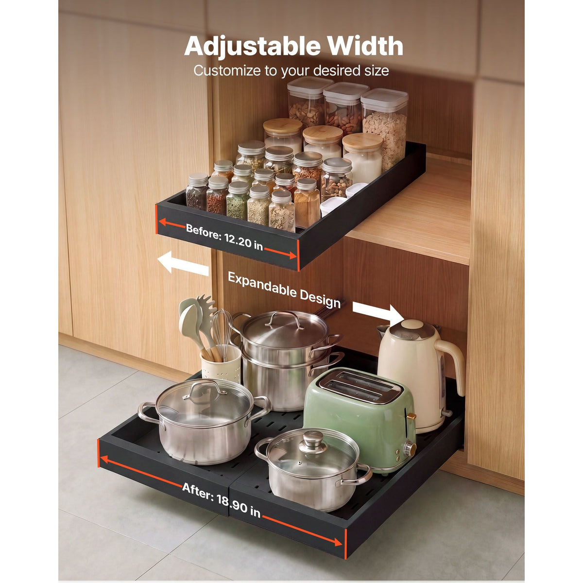 Pull Out Cabinet Organizer, 2 Pack Expandable Width (12.2"-18.9"), 20.47" Deep Pull Out Drawers for Cabinets, Sliding Drawer for Kitchen Pantry Cabinet Organizer with Nano Adhesive Strips, Black