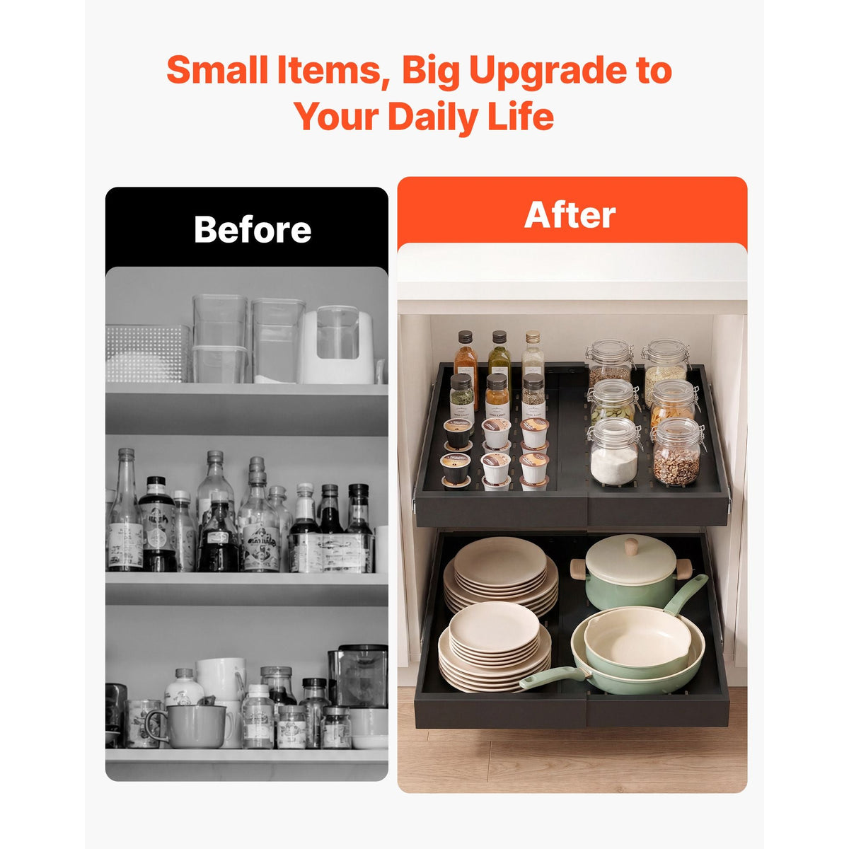 Pull Out Cabinet Organizer, 2 Pack Expandable Width (12.2"-18.9"), 20.47" Deep Pull Out Drawers for Cabinets, Sliding Drawer for Kitchen Pantry Cabinet Organizer with Nano Adhesive Strips, Black