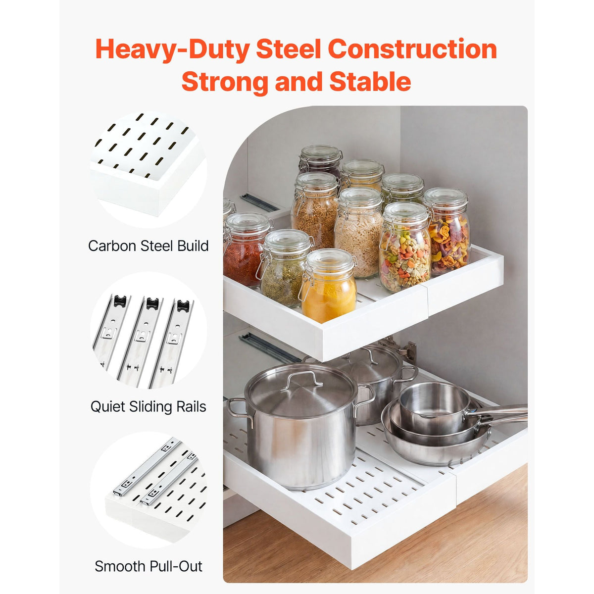 Pull Out Cabinet Organizer, 2 Pack Expandable Width (12.2"-18.9"), 20.47" Deep Pull Out Drawers for Cabinets, Sliding Drawer for Kitchen Pantry Cabinet Organizer with Nano Adhesive Strips, White