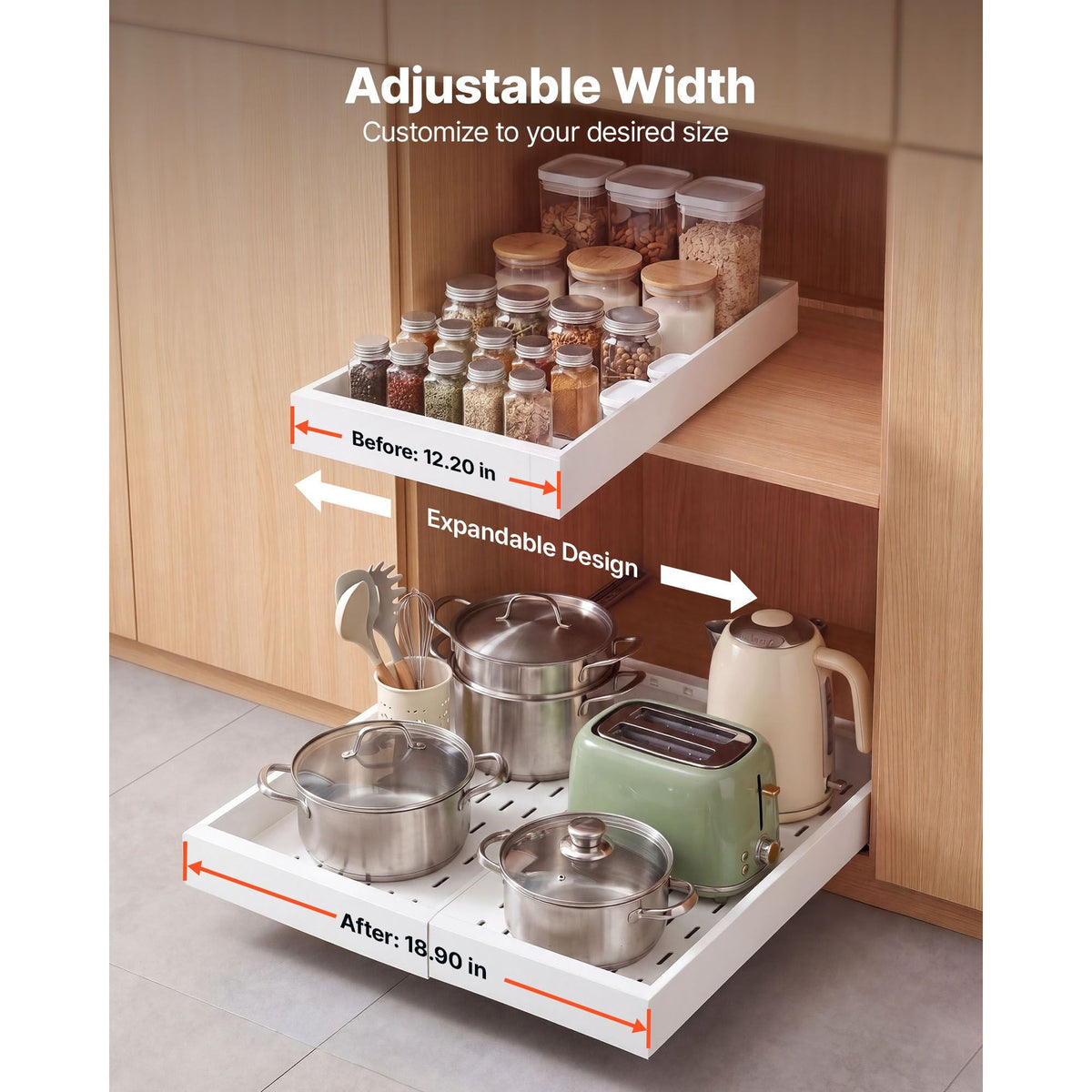 Pull Out Cabinet Organizer, 2 Pack Expandable Width (12.2"-18.9"), 20.47" Deep Pull Out Drawers for Cabinets, Sliding Drawer for Kitchen Pantry Cabinet Organizer with Nano Adhesive Strips, White