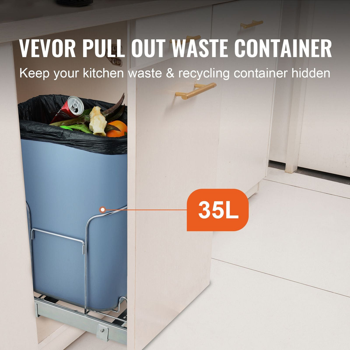 Pull-Out Trash Can, 35L Single Bin, Under Mount Kitchen Waste Container with Slide, Handle and Door Mounting Kit, 110 lbs Load Capacity Heavy Duty Garbage Recycling Bin for Kitchen Cabinet, Sink