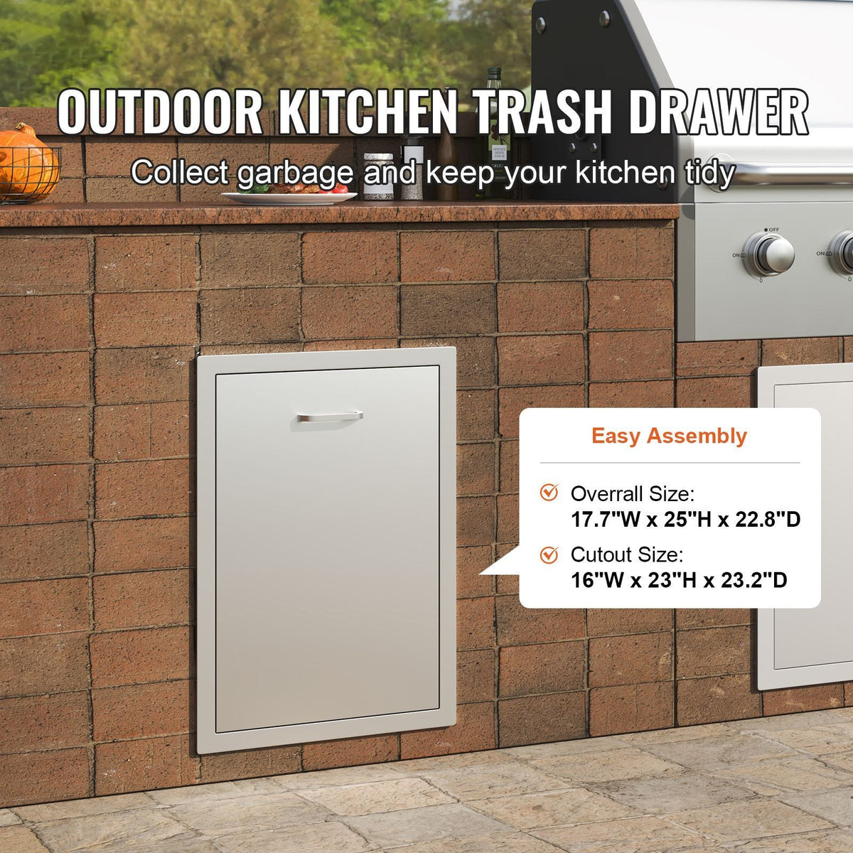 Pull Out Trash Drawer 17.7x22.8 Inch Raised Style Trash Bin with Pull-Out Tray Stainless Steel Trash Drawer with Handle for Outdoor Kitchen BBQ Island, Trash Can Not Included
