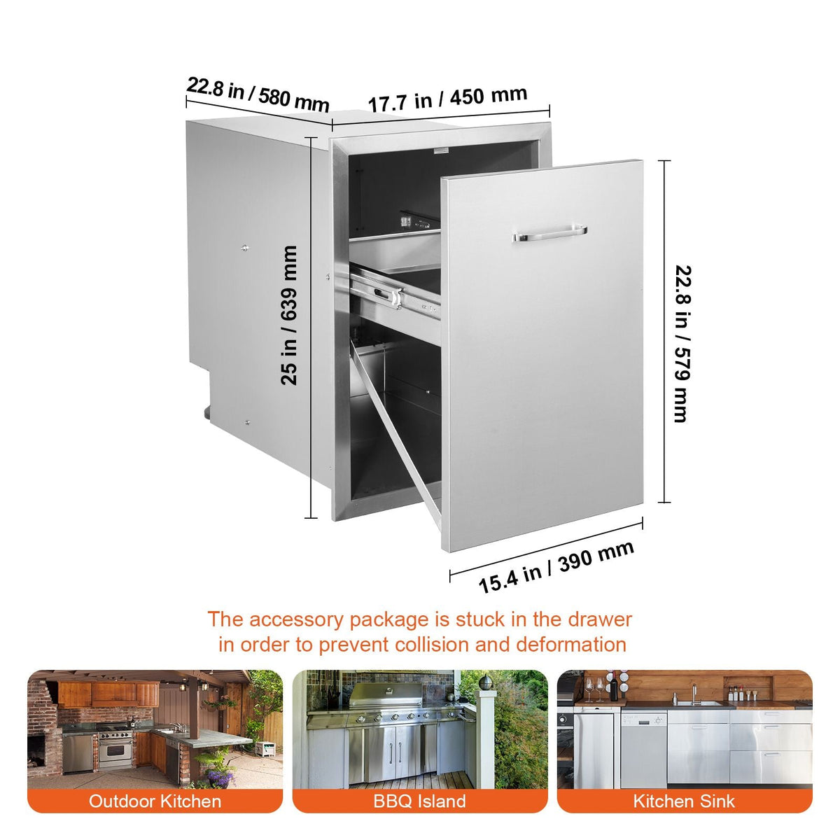Pull Out Trash Drawer 17.7x22.8 Inch Raised Style Trash Bin with Pull-Out Tray Stainless Steel Trash Drawer with Handle for Outdoor Kitchen BBQ Island, Trash Can Not Included