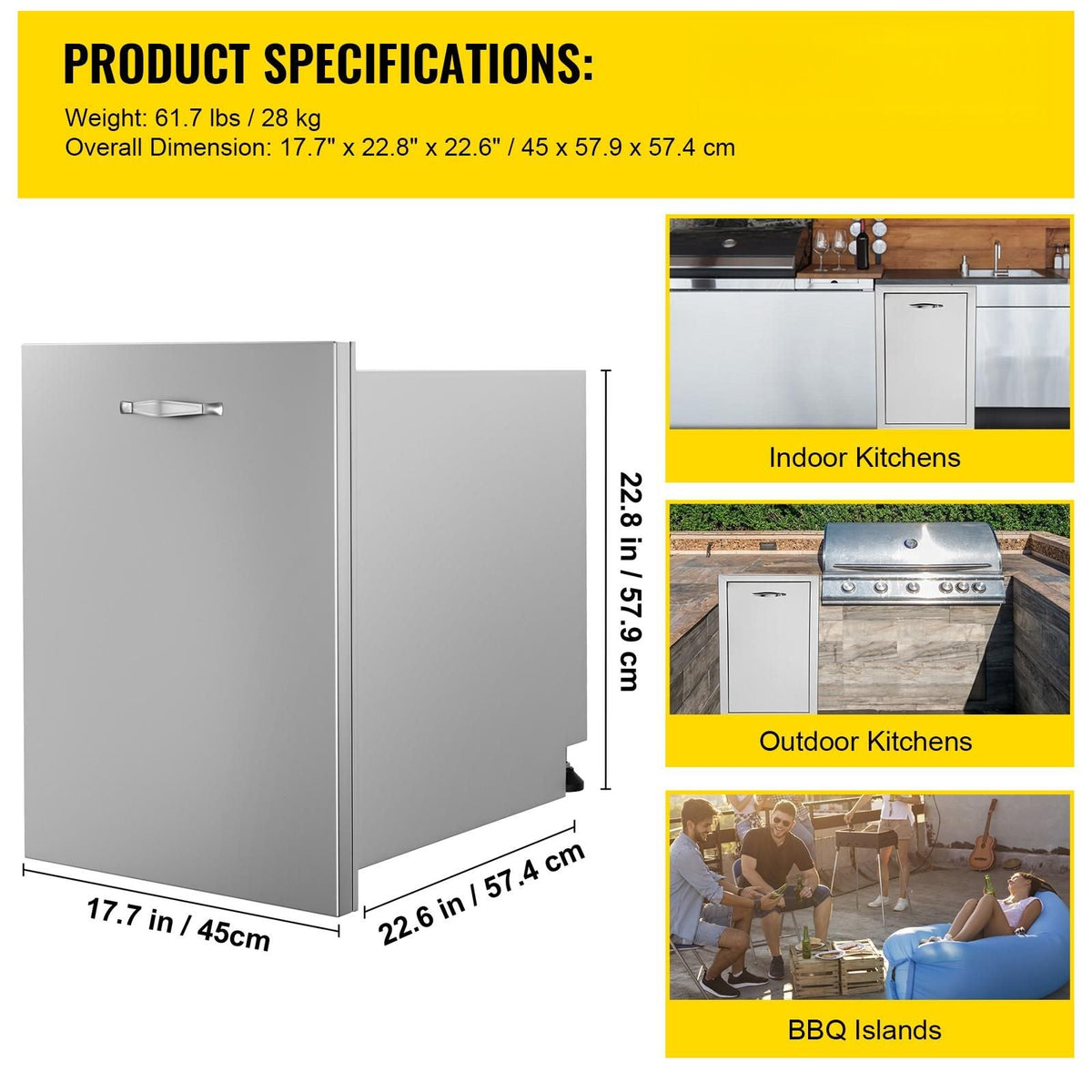 Pull Out Trash Drawer 17.7x22.8 Inch Raised Style Trash Bin with Pull-Out Tray Stainless Steel Trash Drawer with Handle for Outdoor Kitchen BBQ Island, Trash Can Not Included