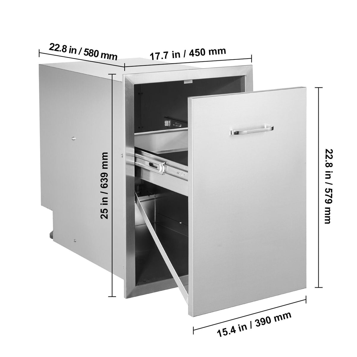 Pull Out Trash Drawer 17.7x22.8 Inch Raised Style Trash Bin with Pull-Out Tray Stainless Steel Trash Drawer with Handle for Outdoor Kitchen BBQ Island, Trash Can Not Included