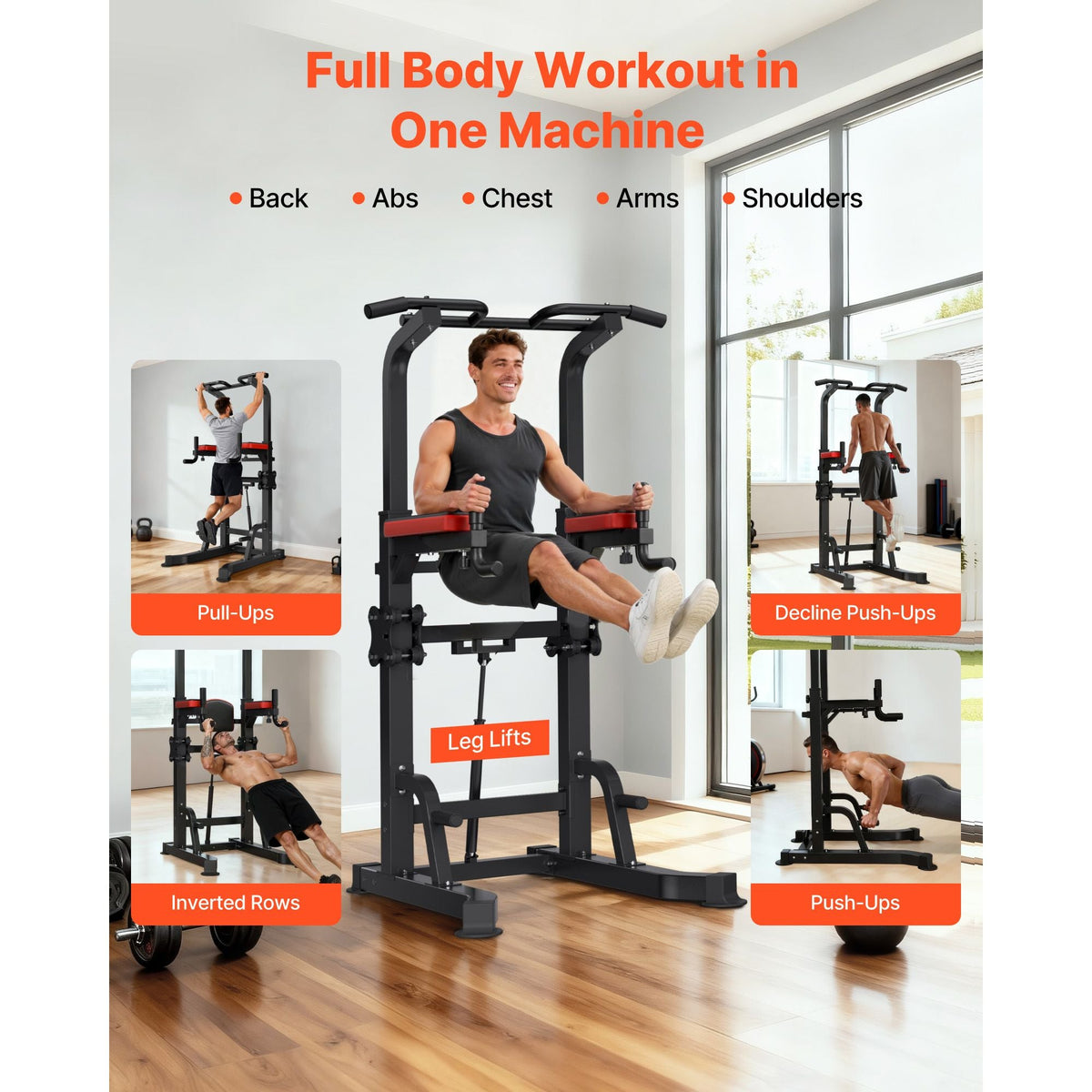 Pull Up Bar, 330 LBS Power Tower Dip Station, Workout Dip Station with H-Shaped Stable Base & Assistance Platform, Adjustable 9 Level Height Pullup Stand for Back, 3-Level Adjustable Elbow Pads