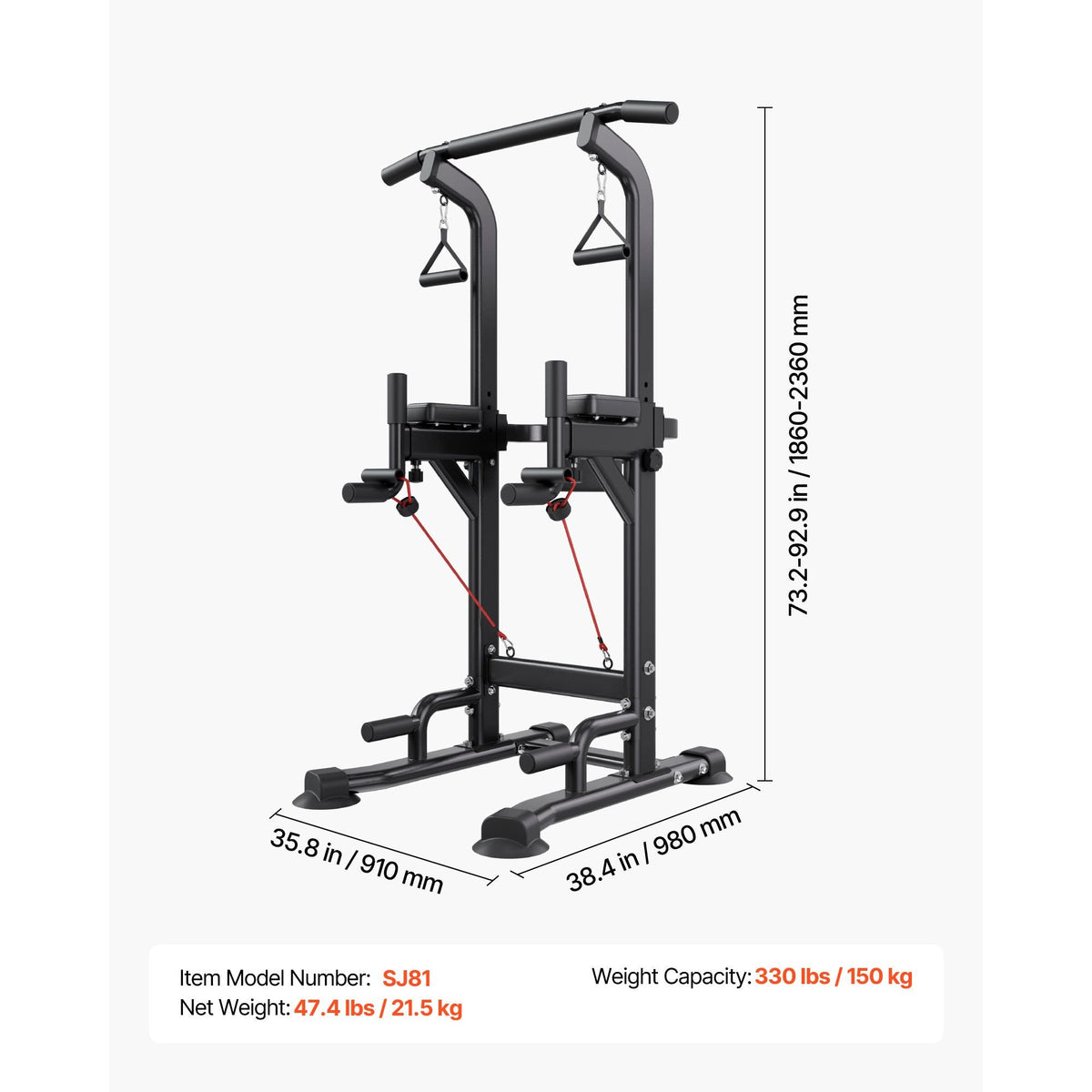 Pull Up Bar, 330 LBS Power Tower Dip Station, Workout Dip Station with H-Shaped Stable Base & Back Pad, Adjustable 12 Level Height Free Standing Chin Up Bar for Back, 4-Level Adjustable Back Pad
