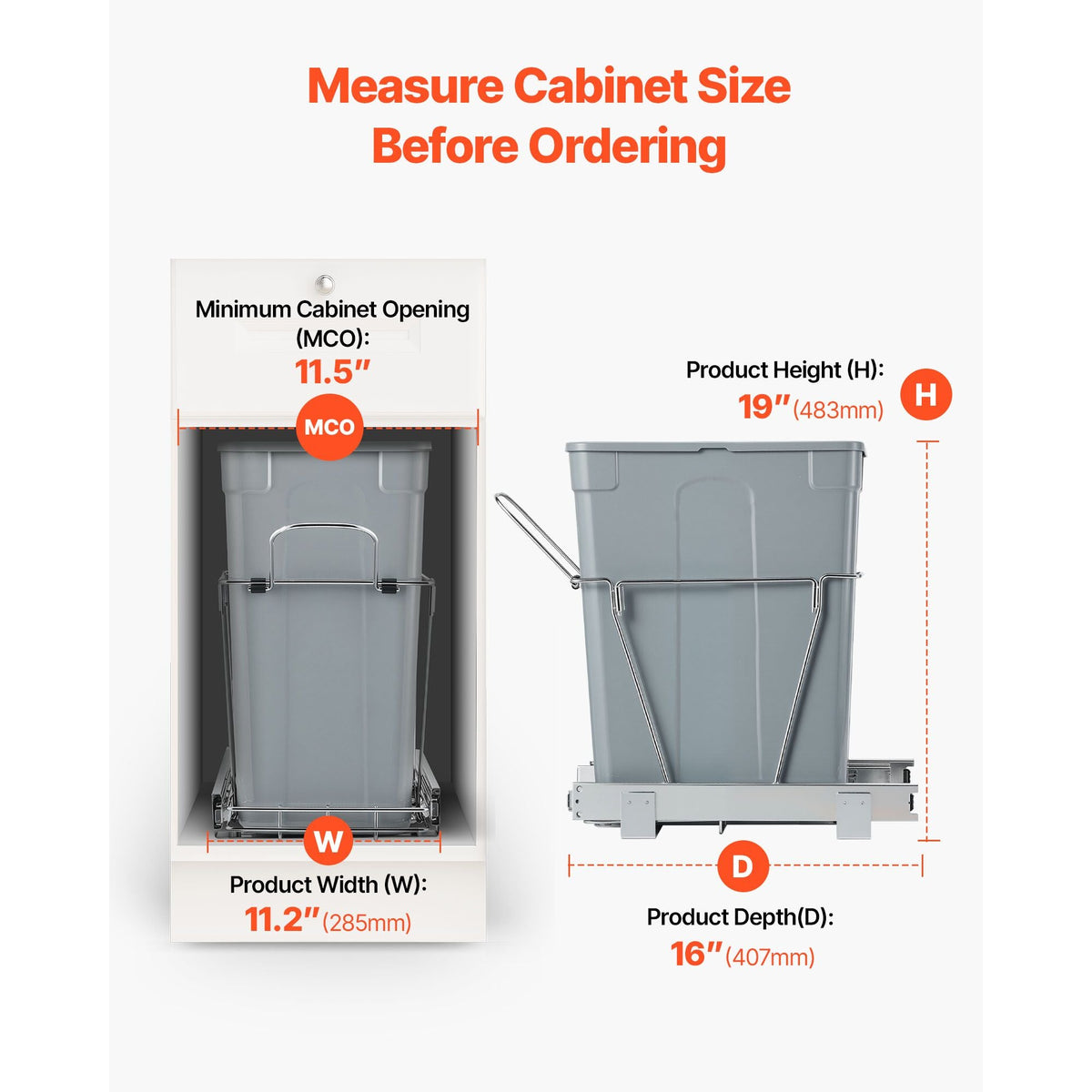 Pullout Trash Can for Kitchen Cabinets, 35 QT Garbage Waste Recycling Bin, Under Mount Waste Container, with Heavy Duty Metal Full Extension Sliding System and Handle, for Sink, Under Counter