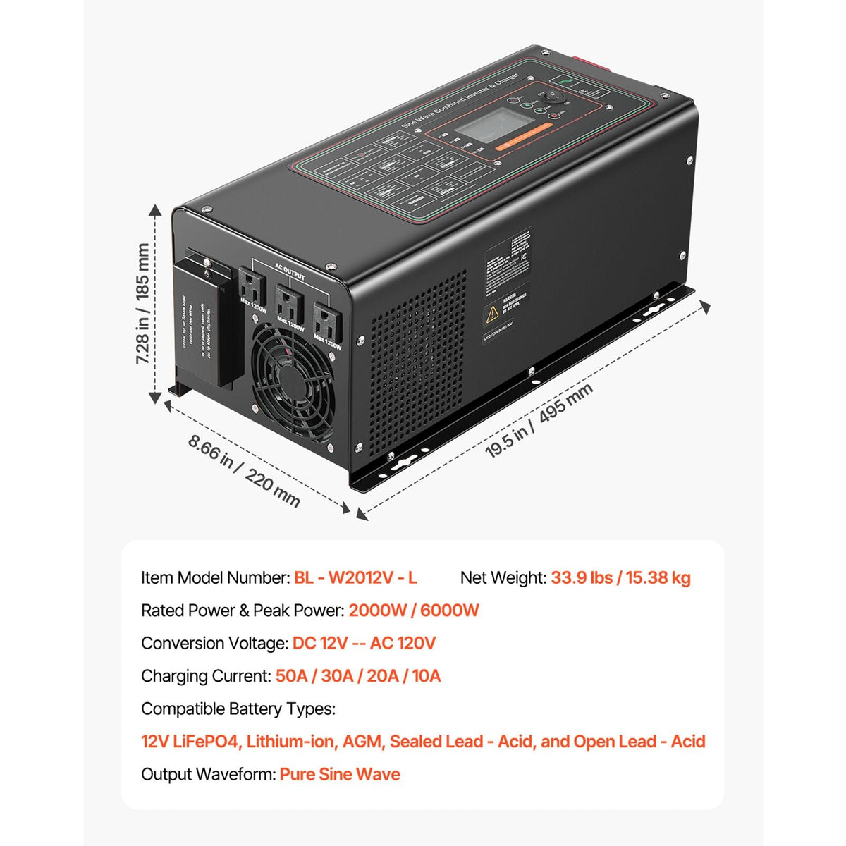 Pure Sine Wave Inverter Charger, 2000 Watt, DC 12V to AC 120V Power Inverter with LCD Display, Remote Control, Solar Inverter for Off-Grid Solar RV Boat Home, Compatible with Various Batteries