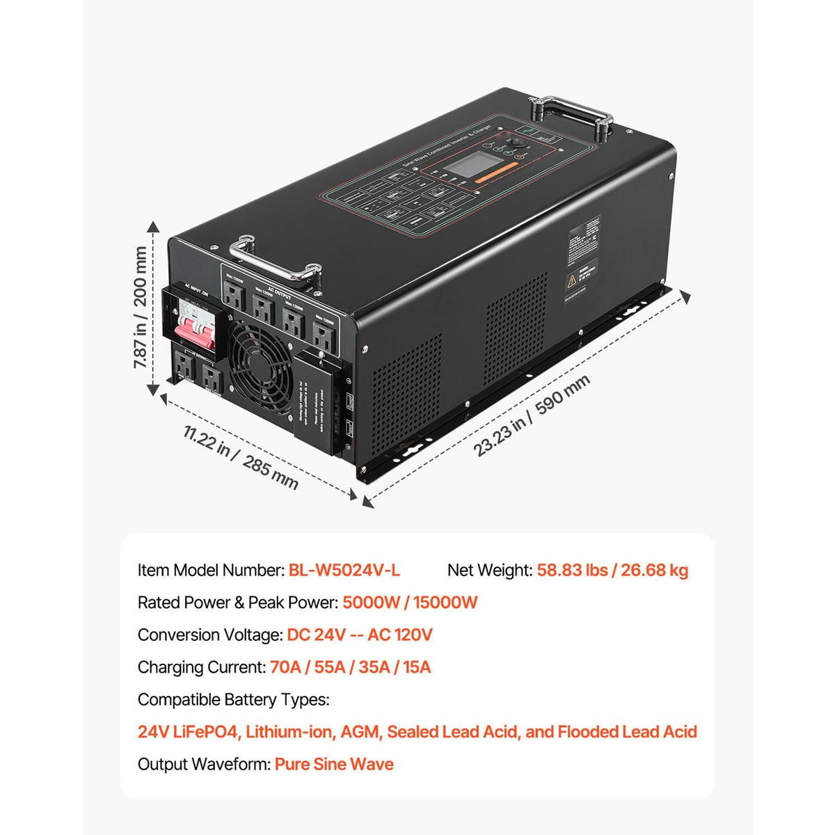 Pure Sine Wave Inverter Charger, 5000 Watt, DC 24V to AC 120V Power Inverter with LCD Display, Remote Control, Solar Inverter for Off-Grid Solar RV Boat Home, Compatible with Various Batteries