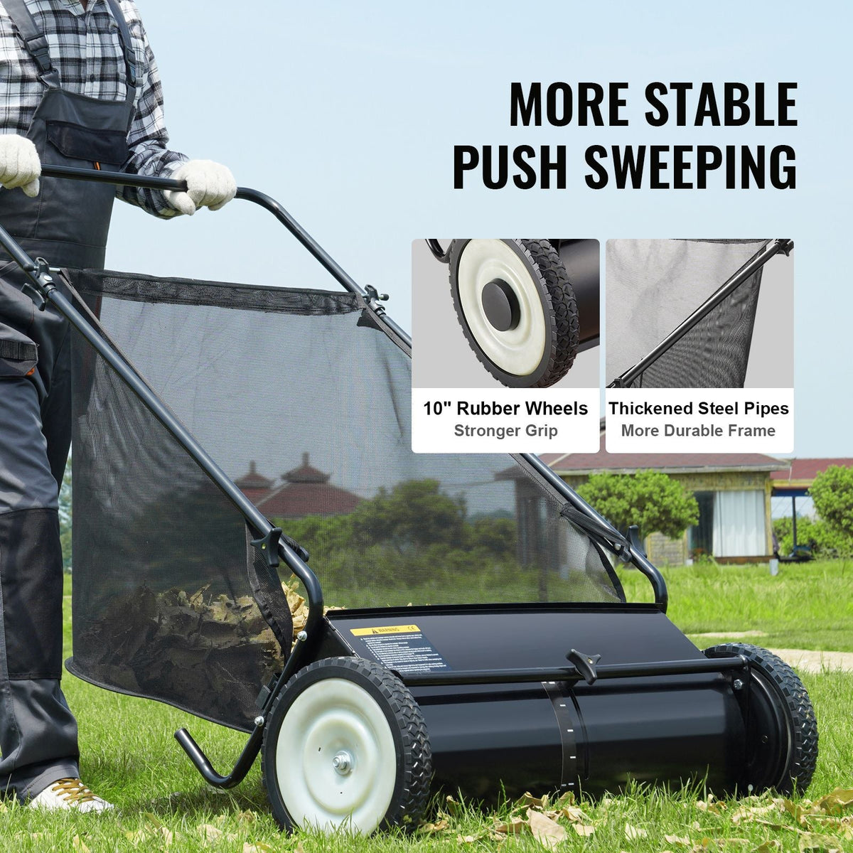 Push Lawn Sweeper, 26-inch Leaf & Grass Collector, Strong Rubber Wheels & Heavy Duty Thickened Steel, Durable to Use with Large Capacity 7 cu. ft. Mesh Collection Hopper Bag, 4 Spinning Brushes