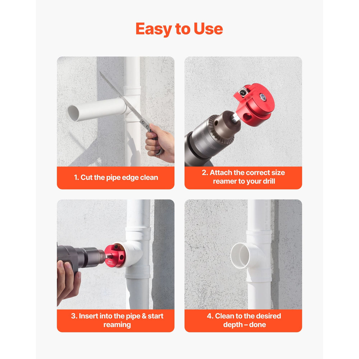 PVC Pipe Reamer Kit, 5-Piece, PVC Fitting Socket Saver, Includes 1-1/4", 1-1/2", 2", 3", 4", Compatible with Standard 1/2" Drills, Plumbing Tool Kit for SCH40 ABS CPVC Vent Drain Water Pipes